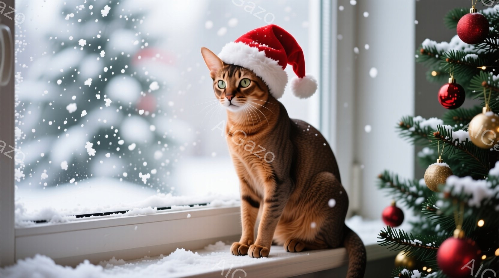 窓辺に座る茶色のトラ猫が、赤いサンタ帽を被ってこちらを見ている。背景にはクリスマスの飾り付けがされた緑の木があり、外は雪が降っているようだ。暖かく、穏やかな冬の雰囲気が漂う写真である。 - AI生成フリー素材