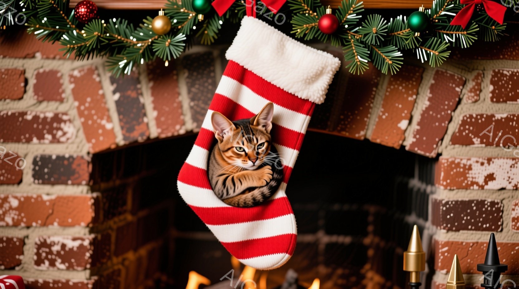 赤い縞模様のクリスマスストッキングの中に、小さな茶トラ猫が丸まって座っています。猫はリラックスした表情で、わずかにこちらを見ています。背景はレンガ造りの暖炉で、クリスマス装飾が施され、温かく居心地の良 - AI生成フリー素材