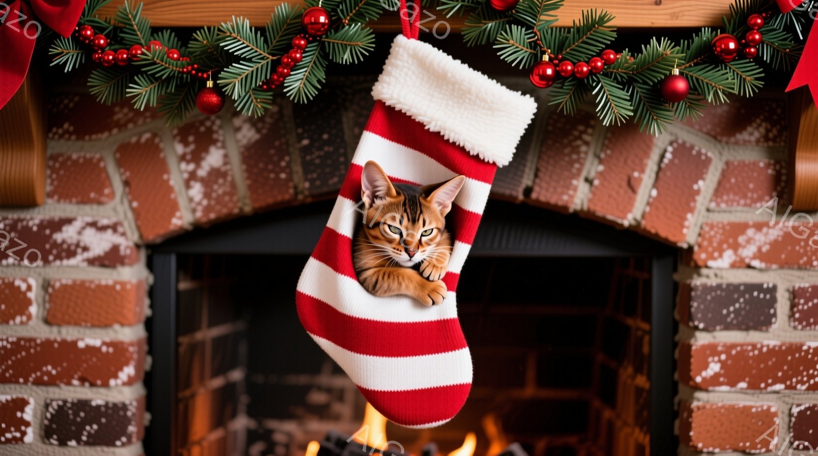 赤と白のストライプのクリスマスストッキングの中に、小さなトラ柄の子猫が丸まって眠っています。背景はレンガ造りの暖炉で、暖炉の中には炎が灯り、クリスマスの飾り付けがストッキングの上部に配置されています。 - AI生成フリー素材