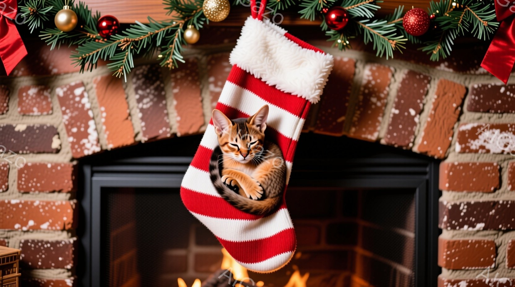 縞模様の小さな子猫が、赤と白のストライプのクリスマスストッキングの中に丸まって眠っています。暖炉のレンガの背景と、クリスマスツリーの飾りが暖かく居心地の良い雰囲気を醸し出しています。炎が燃え盛る暖炉の - AI生成フリー素材
