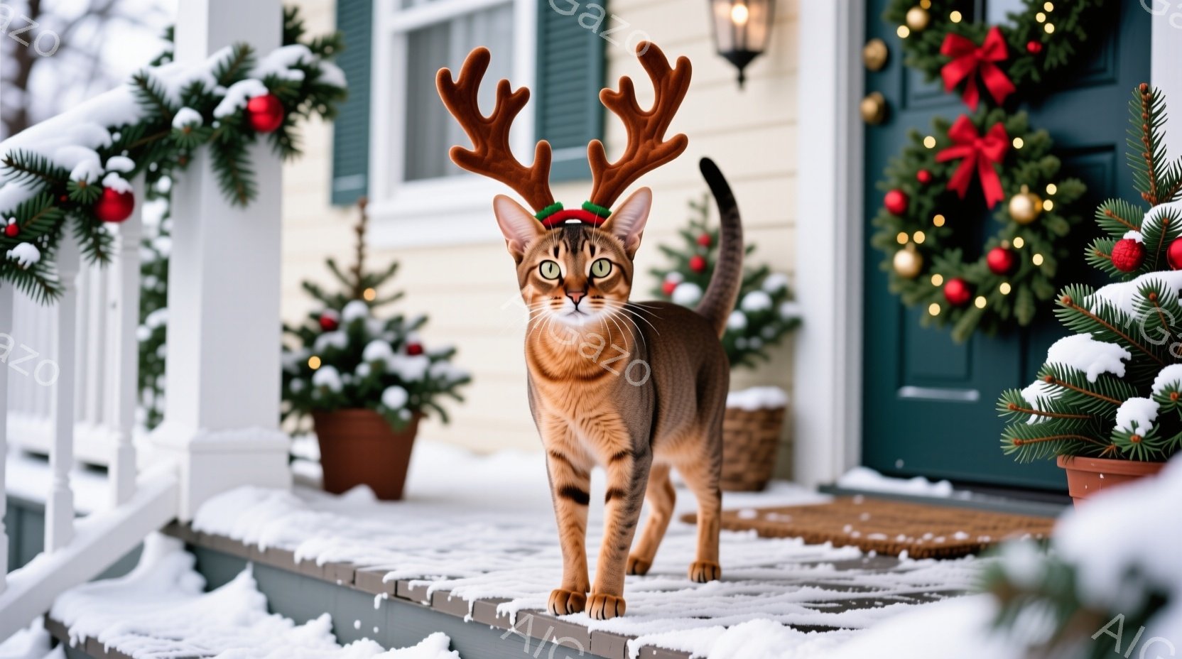 雪の降る夜を思わせる画像で、窓枠に映る猫が印象的だ。猫は明るい毛並みで、緑色の瞳はカメラを見つめ、穏やかでリラックスした表情をしている。背景には、雪の結晶模様が施された窓枠と、クリスマスツリーの飾り、 - AI生成フリー素材