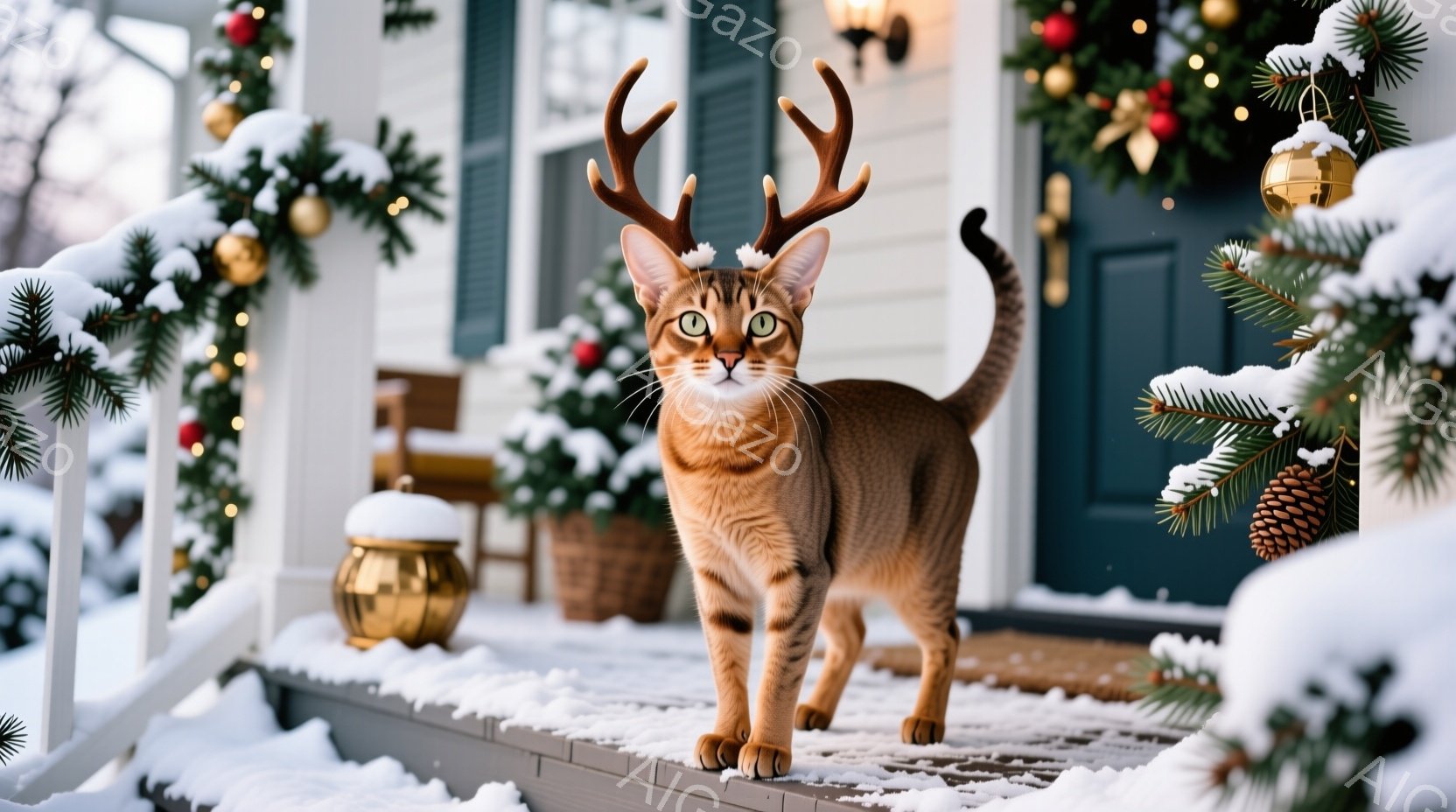 茶色のトラ柄の猫が、クリスマスの飾り付けがされた家のポーチに立っています。頭には角の飾りをつけており、まるでトナカイのようになっています。背景には雪が積もり、クリスマスツリーや装飾が暖かく華やかな雰囲気を演出しています。
