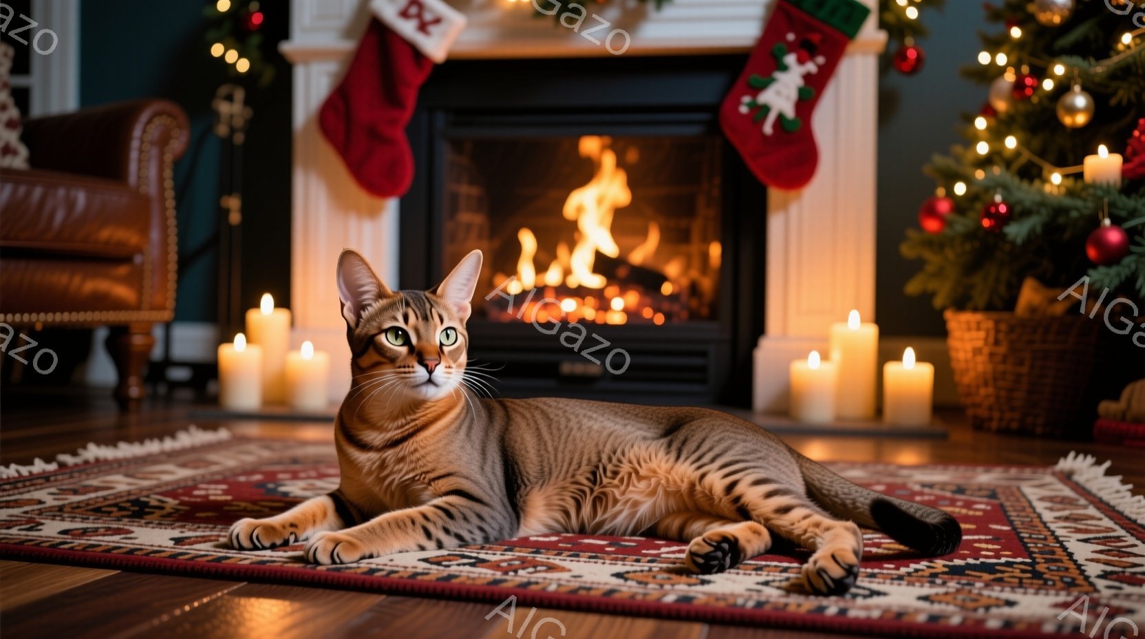 暖炉の前で、美しい模様の猫が敷物の上でゆったりと横たわっています。背景には、クリスマスツリーや暖炉の炎、そしてキャンドルの優しい光が広がり、温かく居心地の良い雰囲気を醸し出しています。クリスマスの飾り - AI生成フリー素材