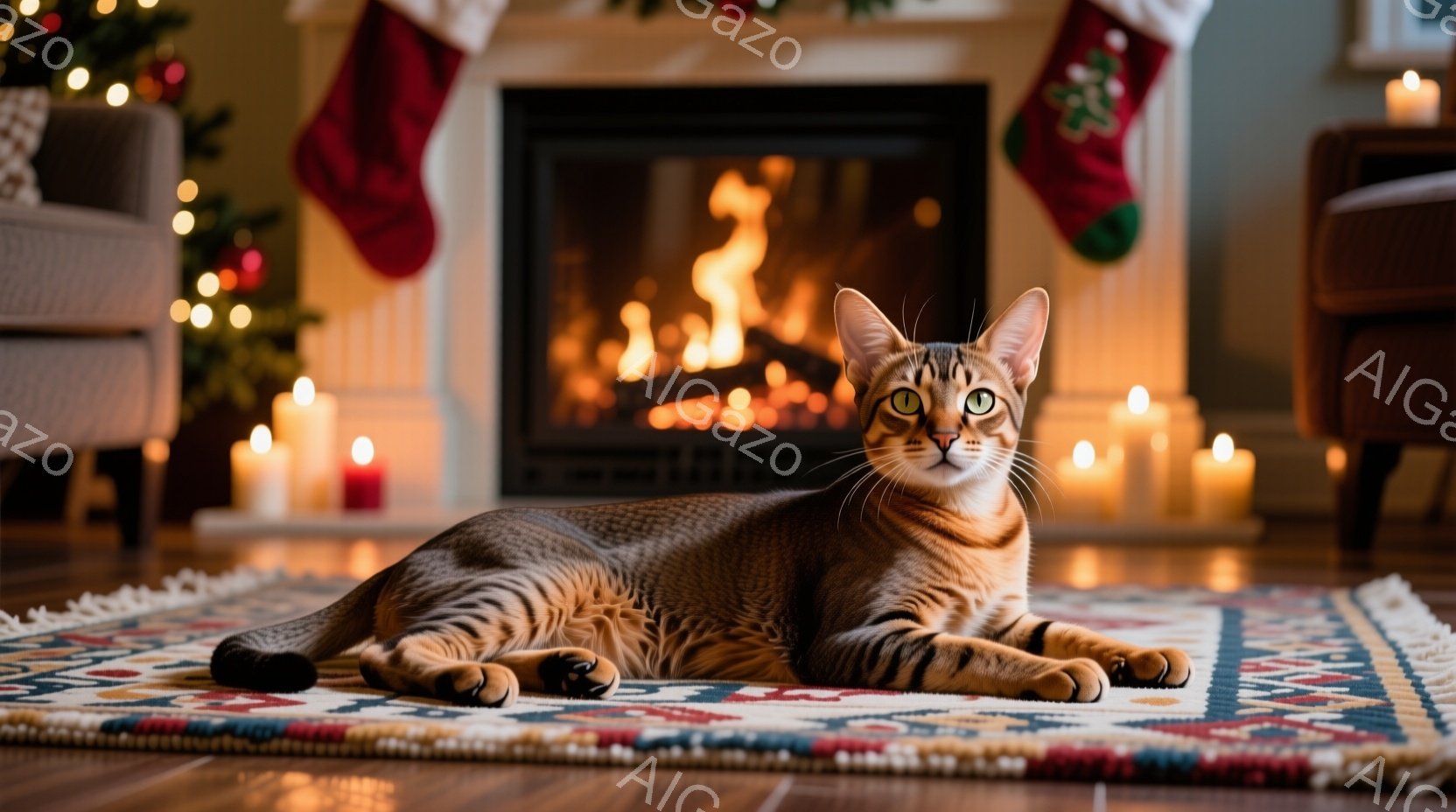 明るい暖炉の前で、縞模様の猫がゆったりとカーペットの上に横たわっています。周囲にはキャンドルが灯り、クリスマスらしい装飾が施された暖炉の靴下が背景に見えます。温かく穏やかな雰囲気で、猫はリラックスした表情でくつろいでいます。