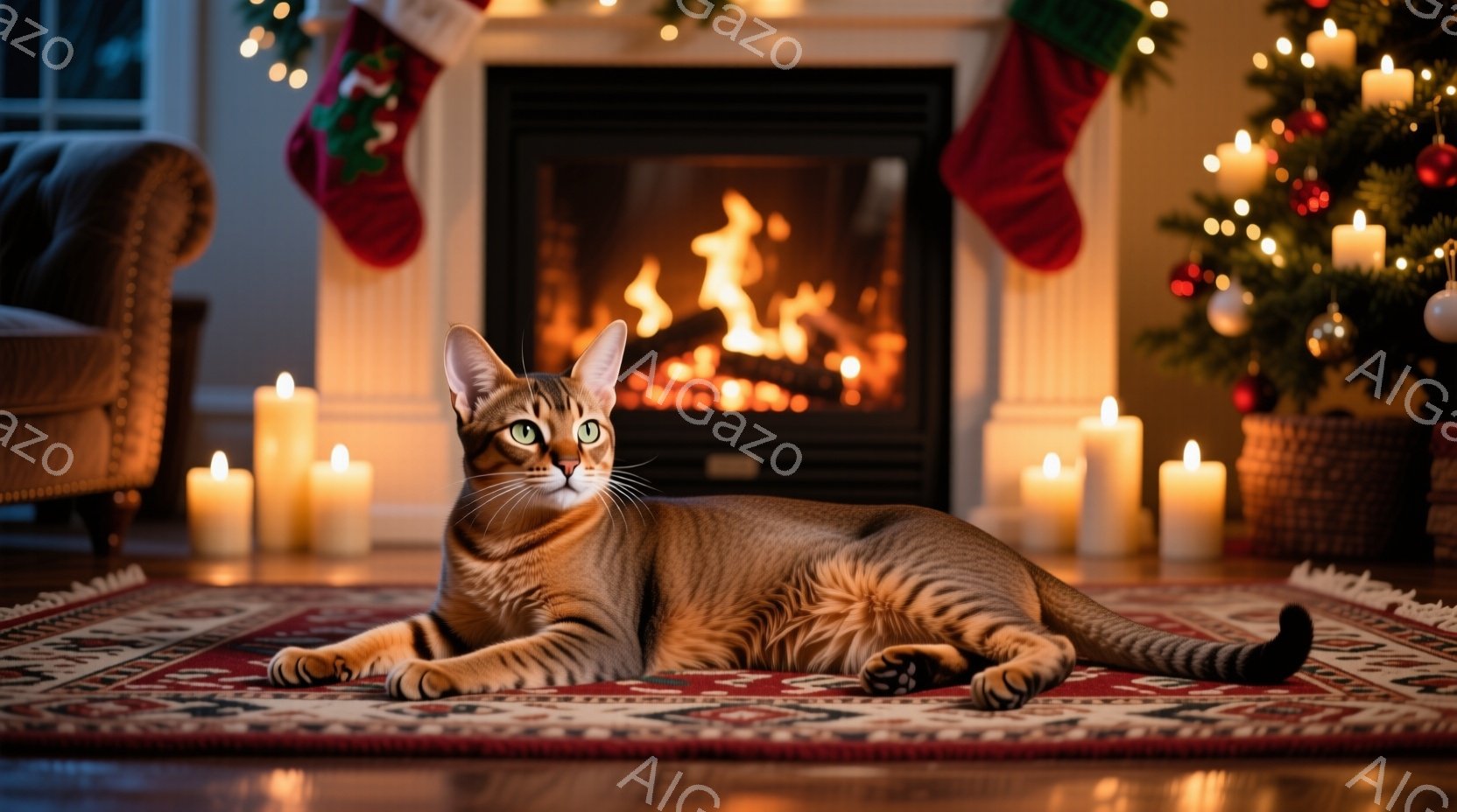 暖炉の前で、縞模様の猫がゆったりと横たわっています。背景にはクリスマスツリーが飾られ、暖炉の炎と周囲のキャンドルが温かい光を放ち、クリスマスの雰囲気を醸し出しています。赤い絨毯の上に猫がリラックスして - AI生成フリー素材