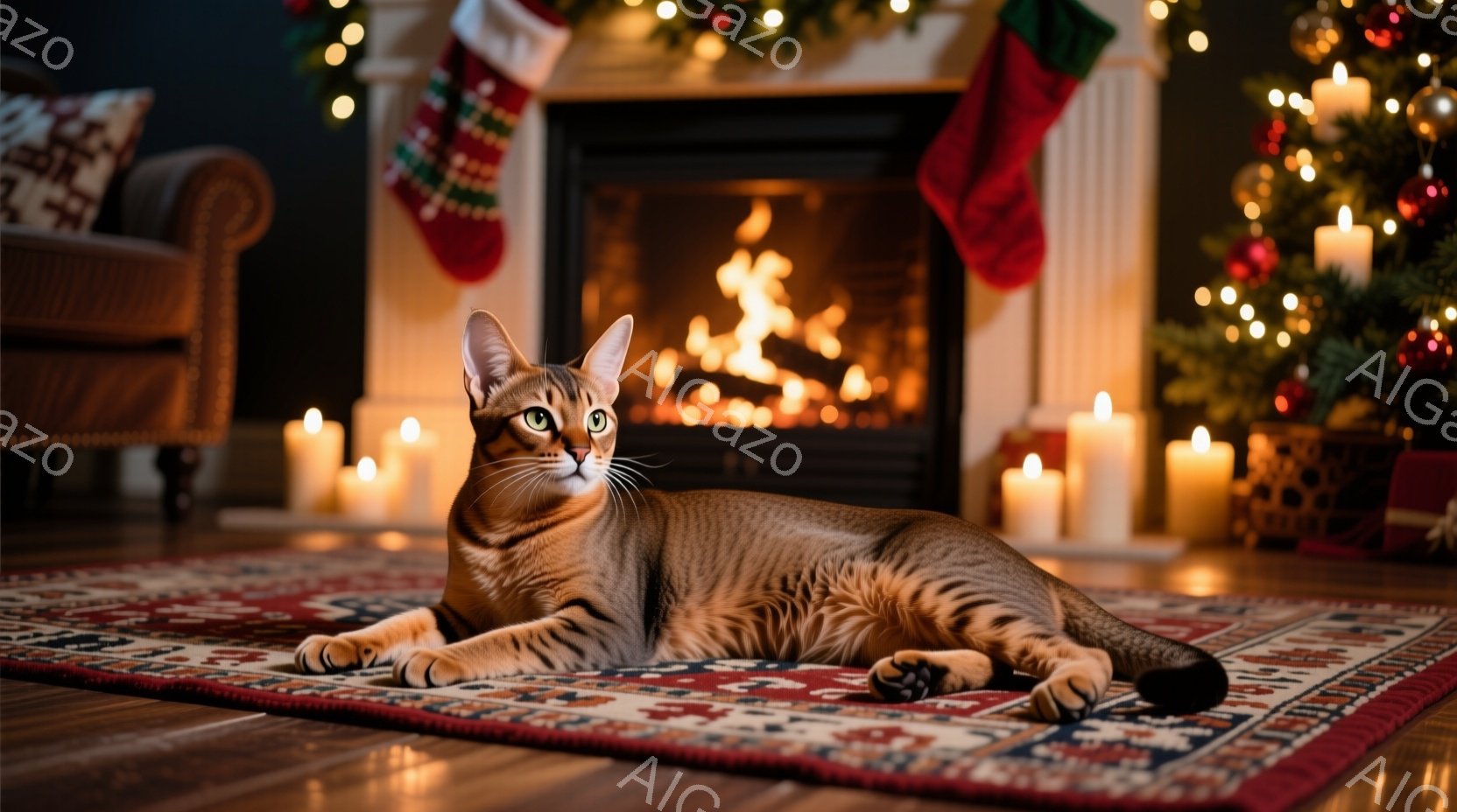 暖炉の前に敷かれた美しいペルシャ絨毯の上で、茶色のトラ猫がリラックスして横たわっています。背景には、クリスマスツリーの輝きと、暖炉の炎が映り込み、温かく心地よい雰囲気を醸し出しています。キャンドルの灯 - AI生成フリー素材