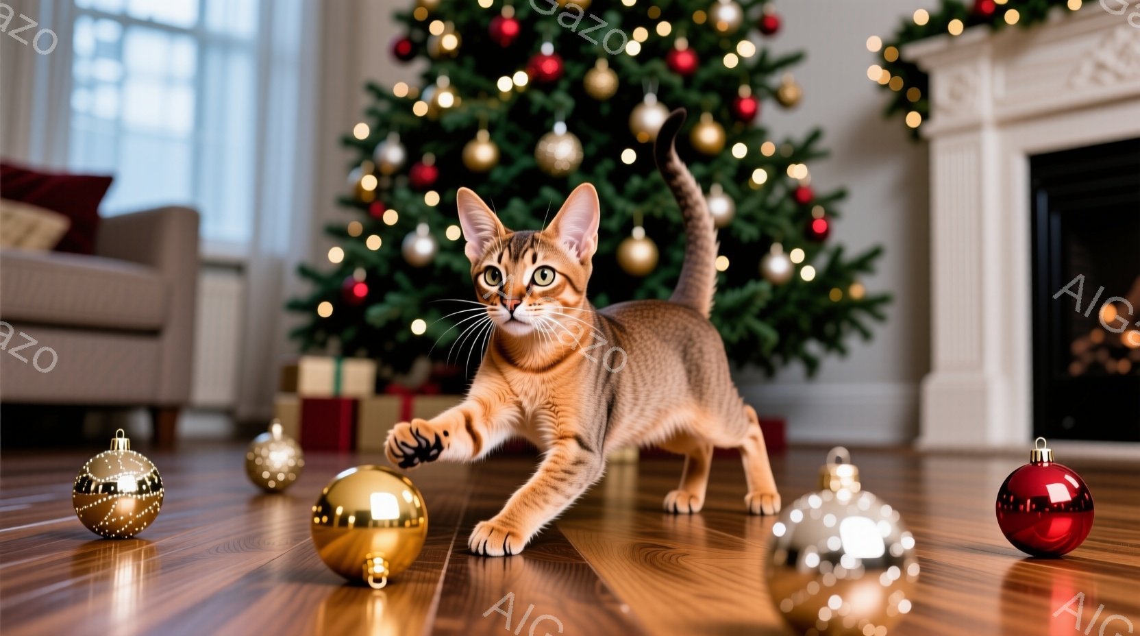 暖炉のある居間に、縞模様の猫がロッキングチェアにゆったりと座っている。猫はリラックスした表情で、落ち着いたオレンジ色の毛並みが温かみを添えている。背景にはキラキラと輝くクリスマスツリーが飾られ、暖かく - AI生成フリー素材