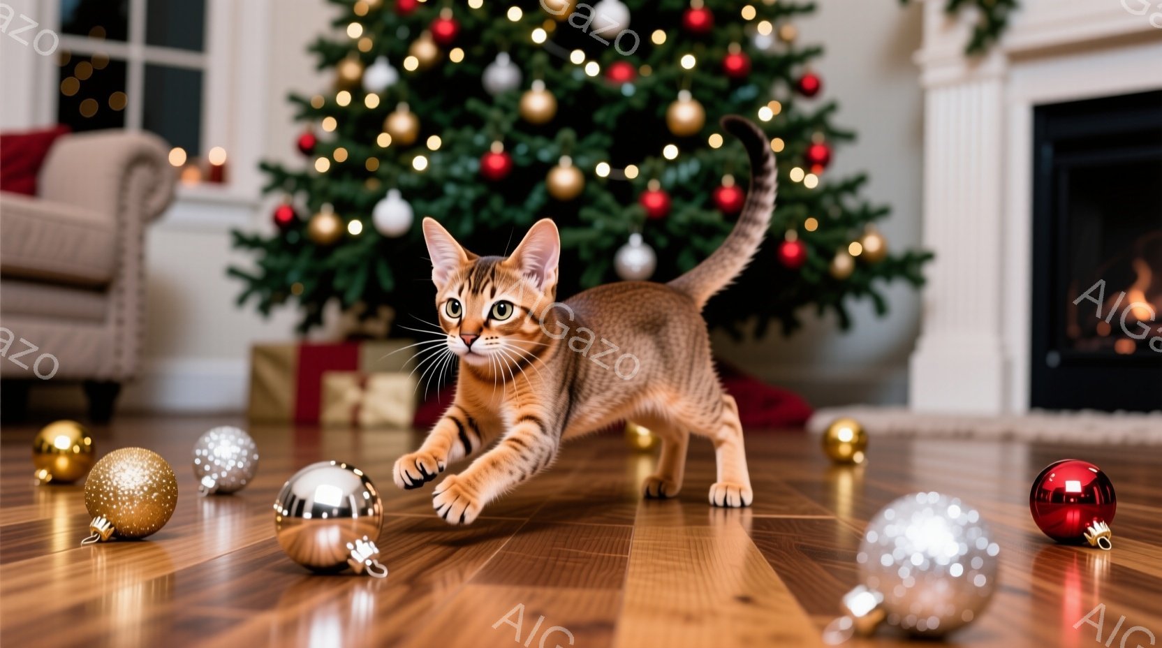 明るい木製の床に、オレンジと黒の縞模様の小さな子猫が、クリスマスオーナメントを追いかけて遊びながら駆け出している。背景には、輝く電飾と様々な色のオーナメントで飾られたクリスマスツリーがあり、暖炉の優し - AI生成フリー素材
