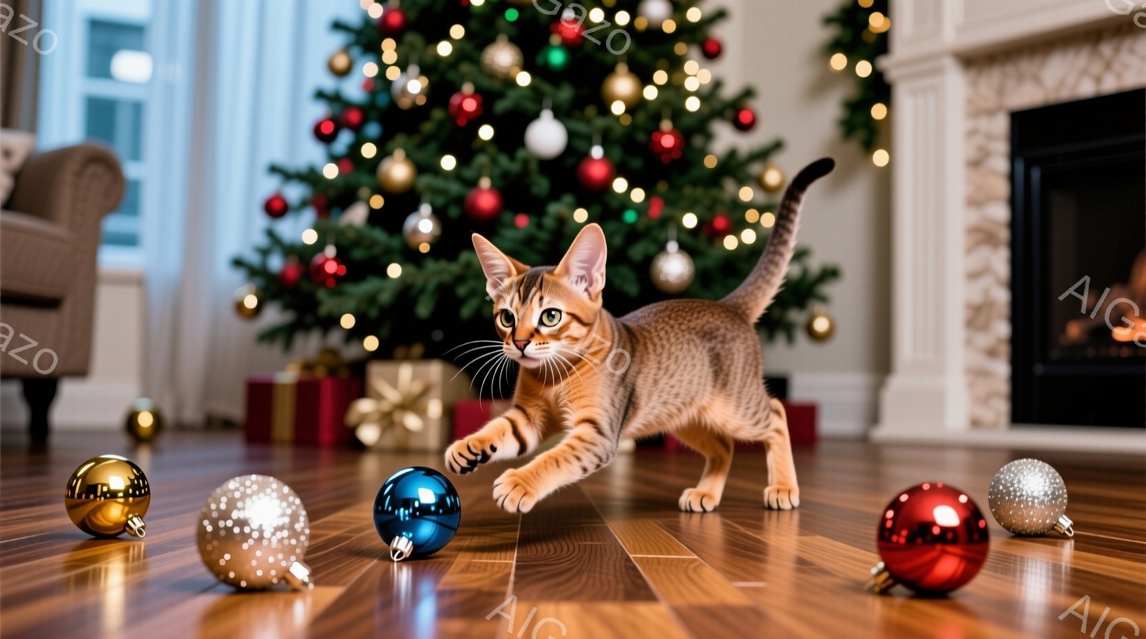 明るいフローリングの上に、オレンジと黒の縞模様の小さな子猫が、転がっているクリスマスオーナメントに手を伸ばして遊んでいます。背景には、飾り付けられたクリスマスツリーと、暖炉が見え、温かく華やかな雰囲気 - AI生成フリー素材
