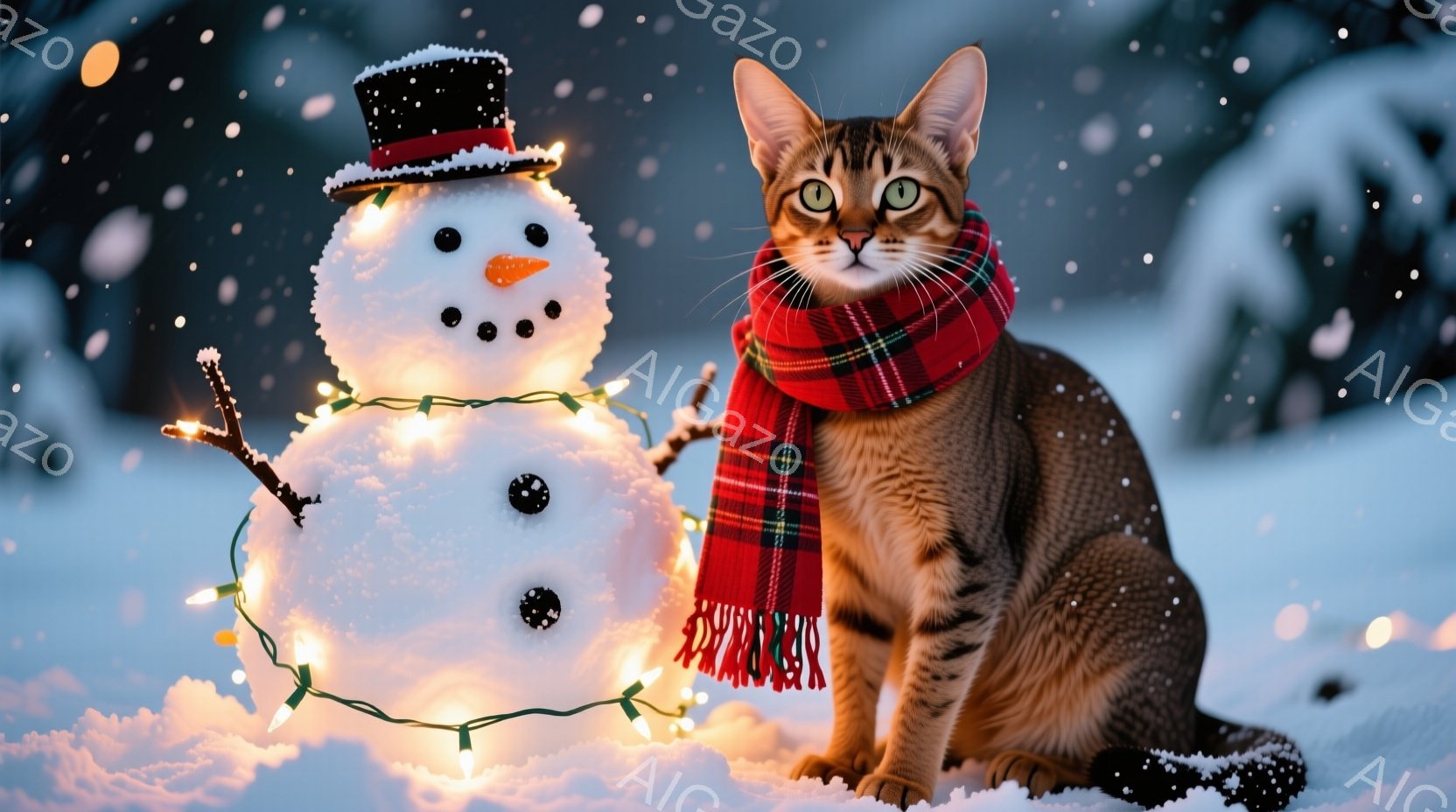 雪景色の中に、スコティッシュフォールドの子猫が赤いチェックのショールで首を温め、雪だるまと共に座っている。雪だるまはシルクハットをかぶり、枝の腕と小さな石の目、にんじんの鼻を持つ。背景にはぼやけた木々が見え、光る電飾が雪の上に暖かな光を添えている。