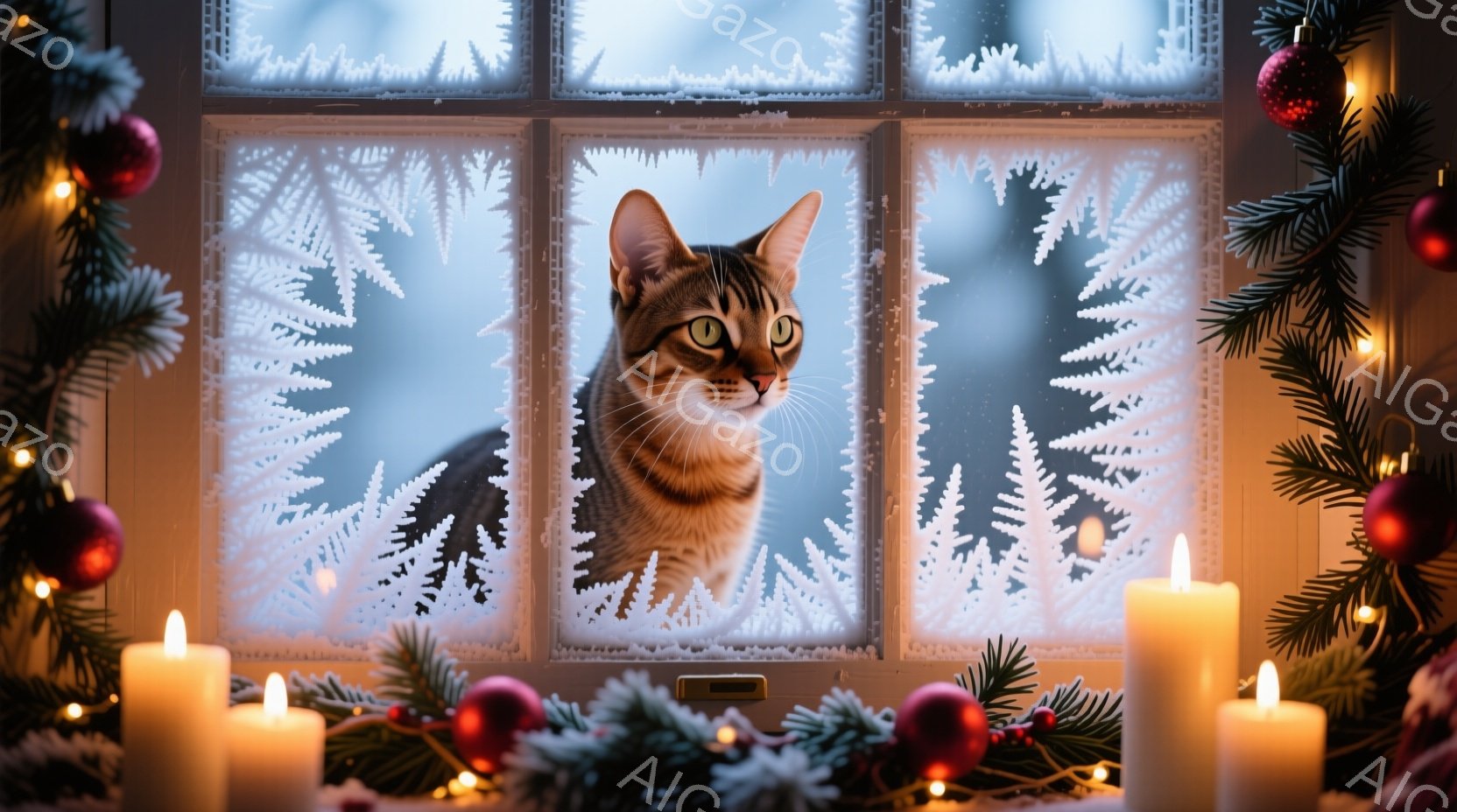 窓枠に映る猫が写っている。背景には雪の結晶のような模様が描かれ、外は雪景色となっている。窓の周りにはクリスマスツリーやキャンドルが飾られており、暖かく穏やかな冬の雰囲気が漂っている。 - AI生成フリー素材