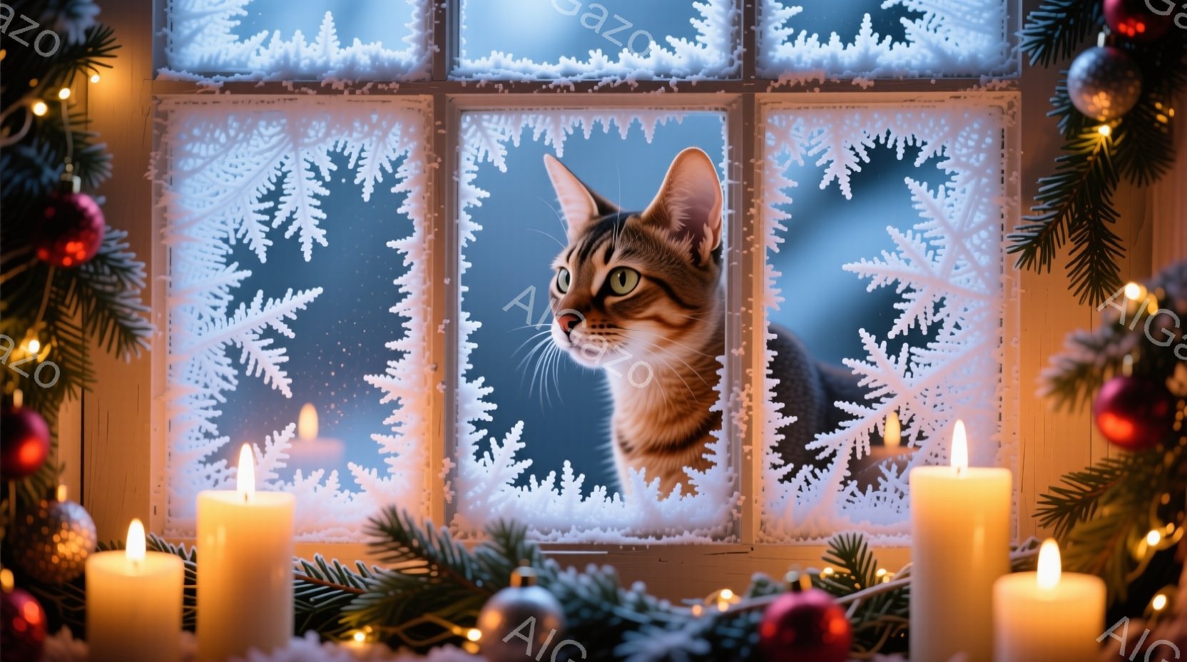 窓枠に寄り添う茶色の縞模様の猫が、好奇心と穏やかさをもって外を見つめている。窓は雪の結晶のステッカーで飾られ、背景にはぼやけた夜景が広がっている。キャンドルやクリスマスツリーの飾りで飾られた窓辺は、暖 - AI生成フリー素材