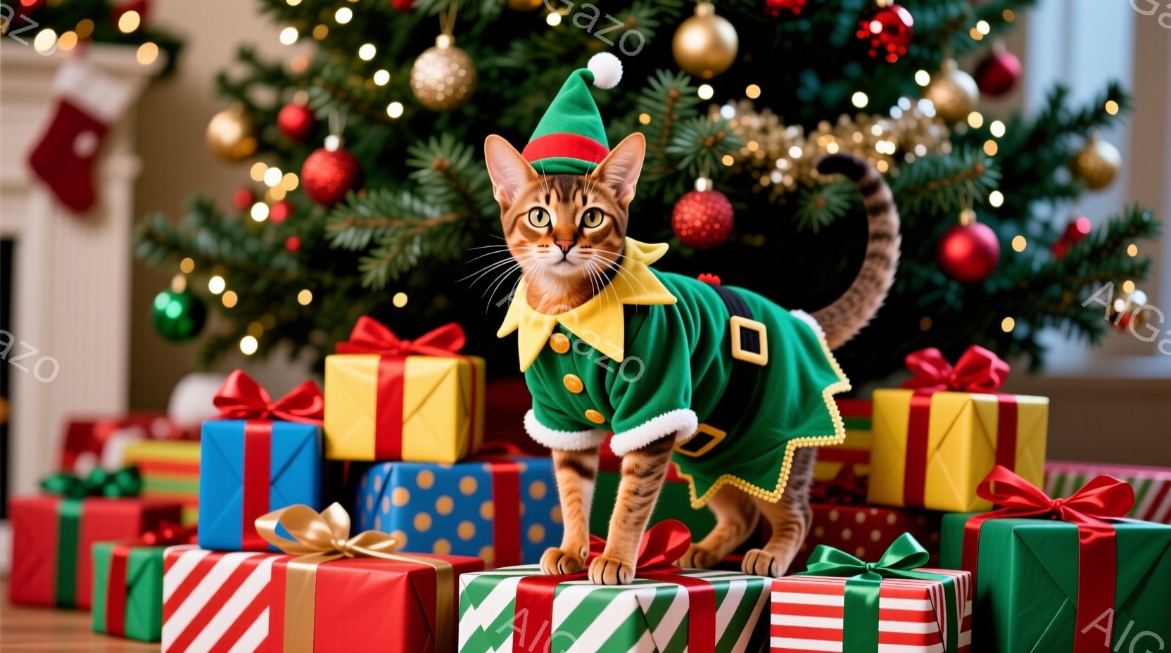 猫がクリスマスツリーの前に置かれたプレゼントの山の上に座っています。緑色のエルフの衣装を着て、赤い鼻と金色のトリミングが施されています。背景には、飾り付けられたクリスマスツリーと、赤と金のオーナメント - AI生成フリー素材