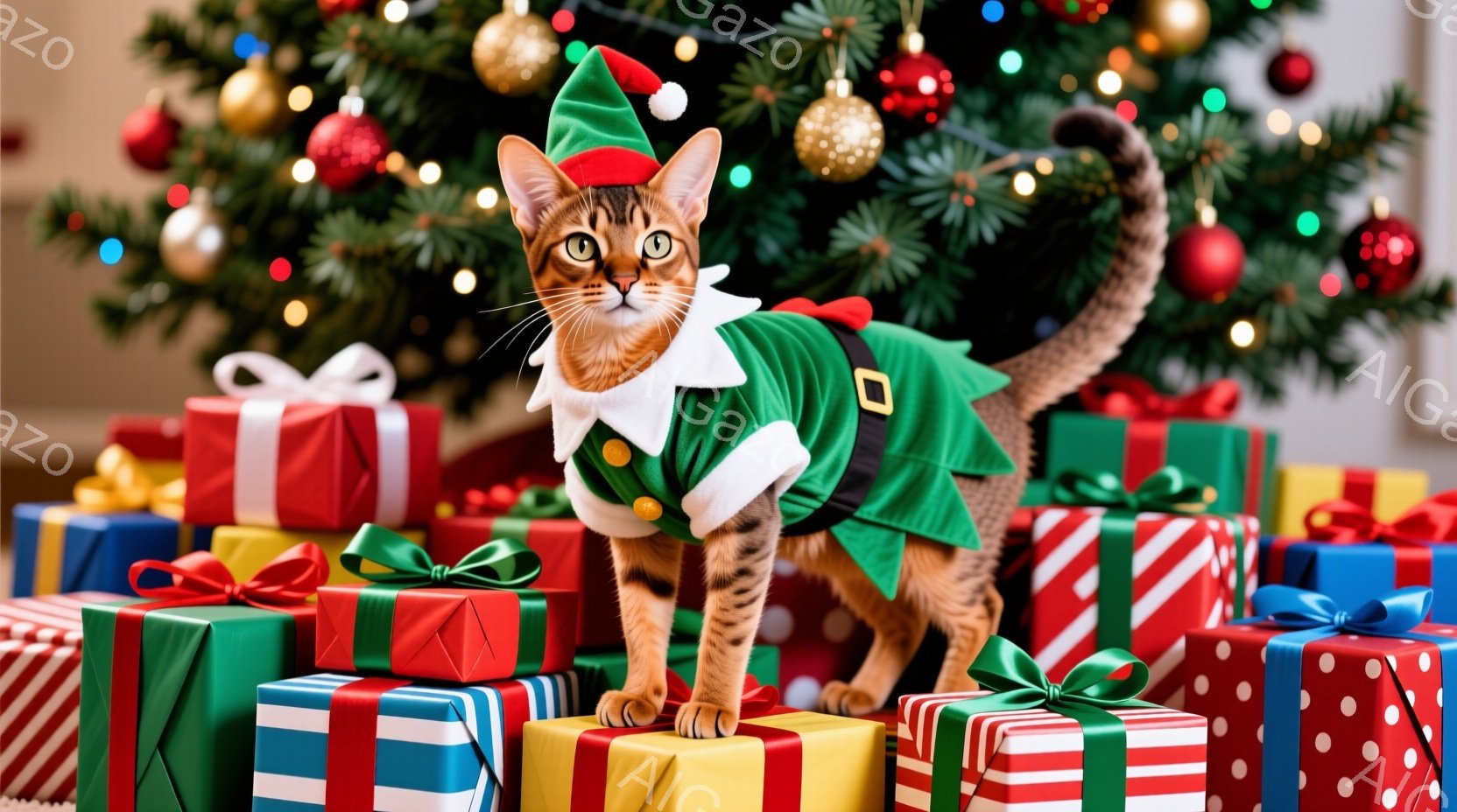オレンジ色の毛並みの猫が、クリスマスエルフの衣装を着て、プレゼントの山の上に堂々と立っています。猫は緑と赤の衣装を着ており、頭にはエルフの帽子をかぶっています。背景には、様々な色や模様のプレゼントの山 - AI生成フリー素材