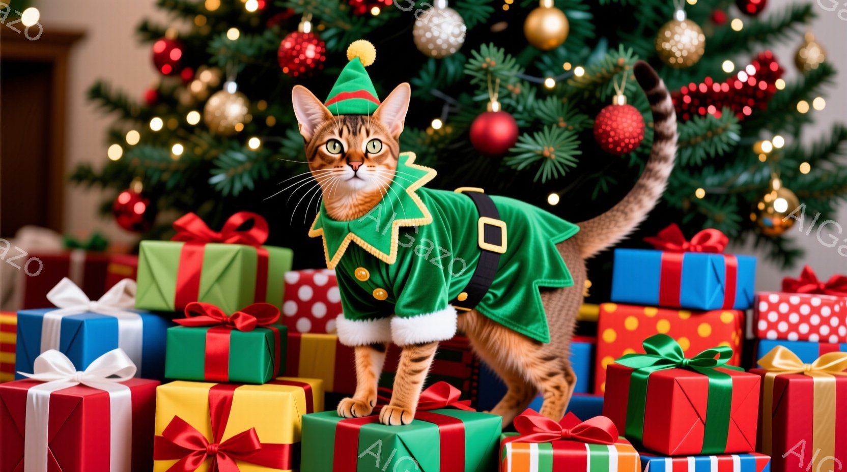 茶色の縞模様の猫が、緑色のエルフの衣装を着て、プレゼントの山の上に立っている。猫は前足を揃えてまっすぐ座り、好奇心と少しばかりの退屈そうな表情で正面を見ている。背景には、様々な色のラッピングペーパーで - AI生成フリー素材