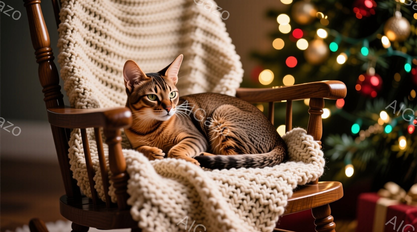 縞模様の猫が、クリーム色のざっくりとした編み物のブランケットがかけられた揺り椅子にゆったりと横たわっています。猫はリラックスした表情で、少しこちらを見ているようです。背景にはぼやけたクリスマスツリーとプレゼントが見え、温かく居心地の良い雰囲気を醸し出しています。