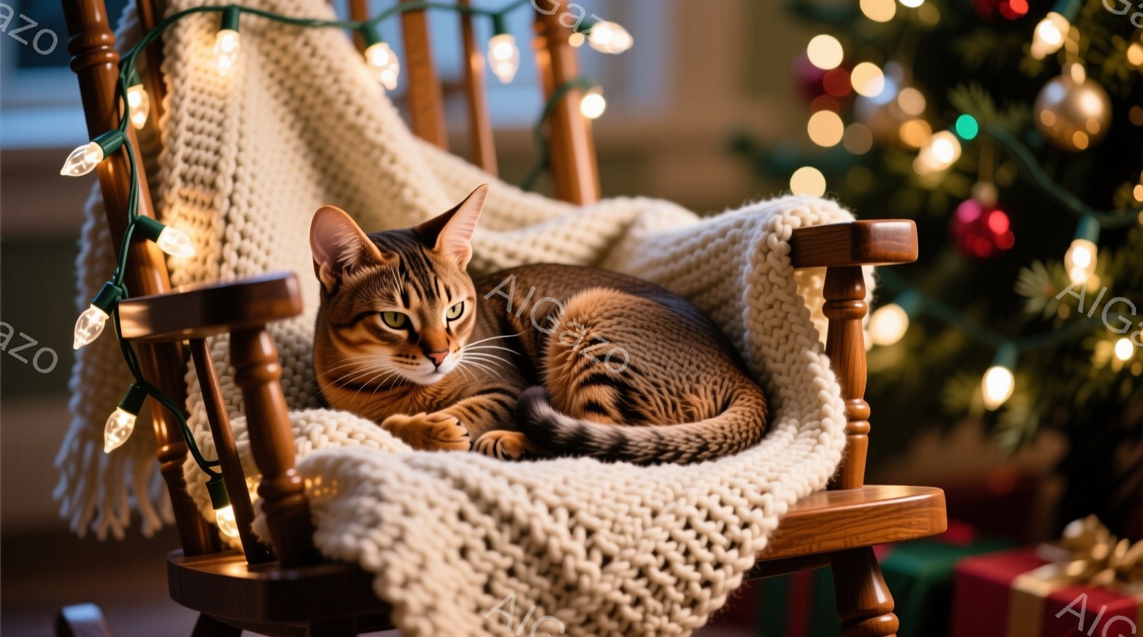 縞模様の猫が、クリーム色のざっくりとした編み物のブランケットが敷かれたロッキングチェアに丸まって横たわっています。背景には、ぼやけたクリスマスツリーとプレゼント箱が見え、温かみのある光が猫を照らしてい - AI生成フリー素材
