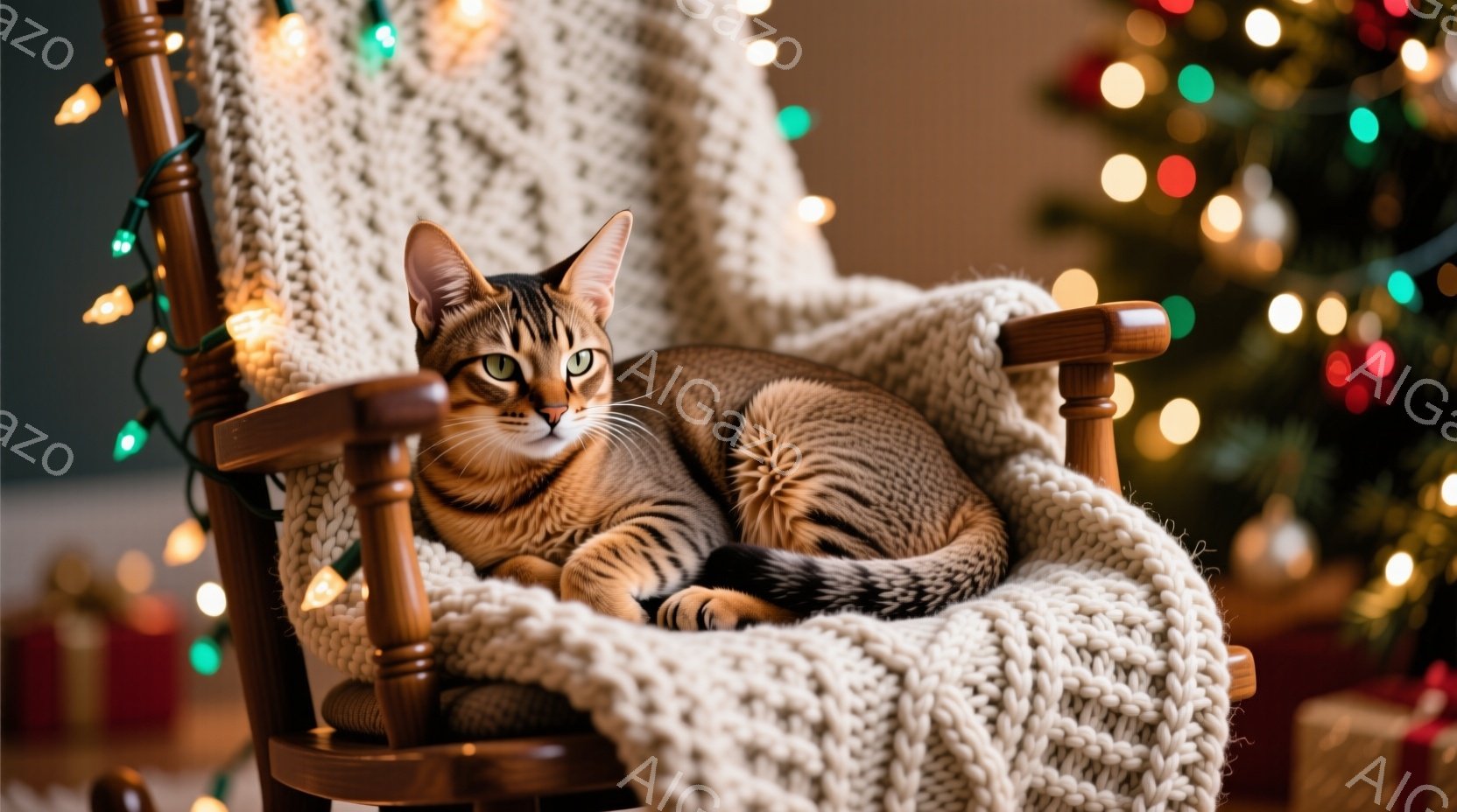 縞模様の猫が、クリーム色のざっくりとした編み物のブランケットがかけられたロッキングチェアに横たわっています。猫はリラックスした表情で、緑色の目を半開きにし、穏やかな雰囲気を醸し出しています。背景には、 - AI生成フリー素材