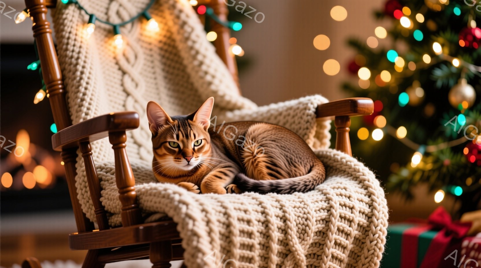 縞模様の猫が、編み物のブランケットが掛けられたロッキングチェアに丸まって座っています。背景にはぼやけたクリスマスツリーの光とプレゼントが見え、暖炉の光も感じられます。全体的に温かく、リラックスした雰囲 - AI生成フリー素材