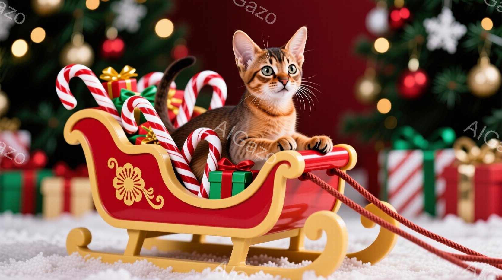 クリスマスツリーを背景に、赤いそりに座った子猫が写っています。子猫は茶色と黒の縞模様で、緑色のリボンで飾られた小さな緑色のプレゼントがいくつか乗ったそりにちょこんと座り、好奇心に満ちた表情で正面を見て - AI生成フリー素材