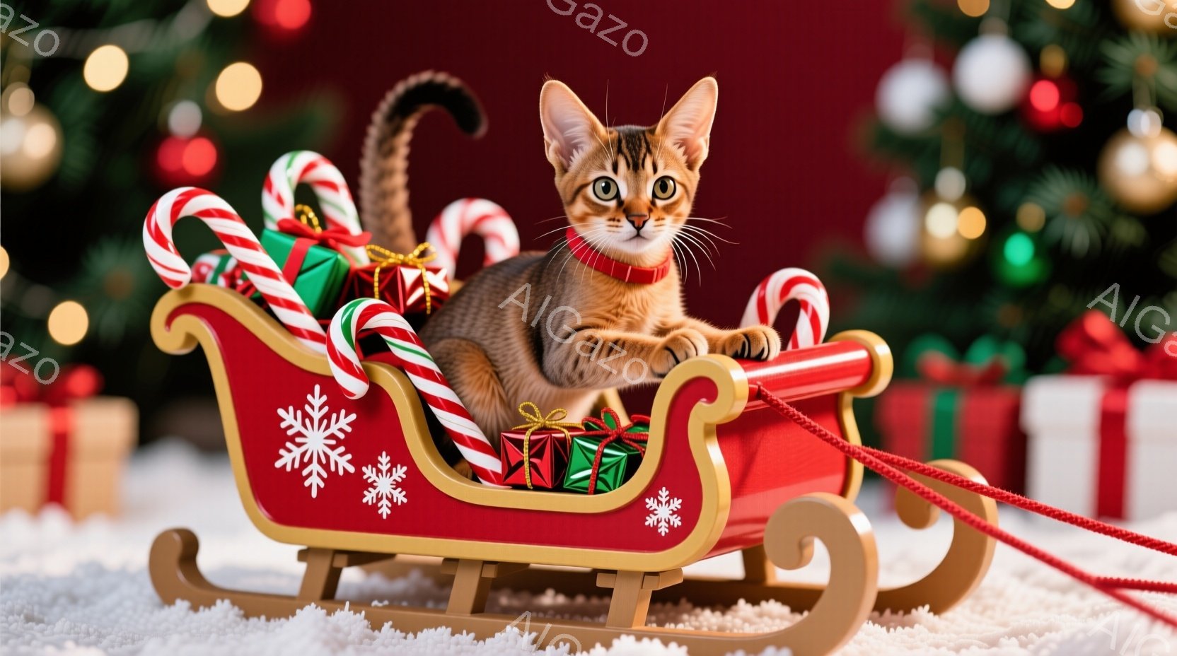 茶色の縞模様の猫が赤いそりに座っており、緑と金色のリボンで結ばれたプレゼントに囲まれています。猫は赤い首輪をつけ、前足をそりの縁に置き、満足げな表情でこちらを見ています。背景にはクリスマスツリーがぼんやりと見え、雪の上に置かれたそりは、温かく、お祝いの雰囲気を醸し出しています。