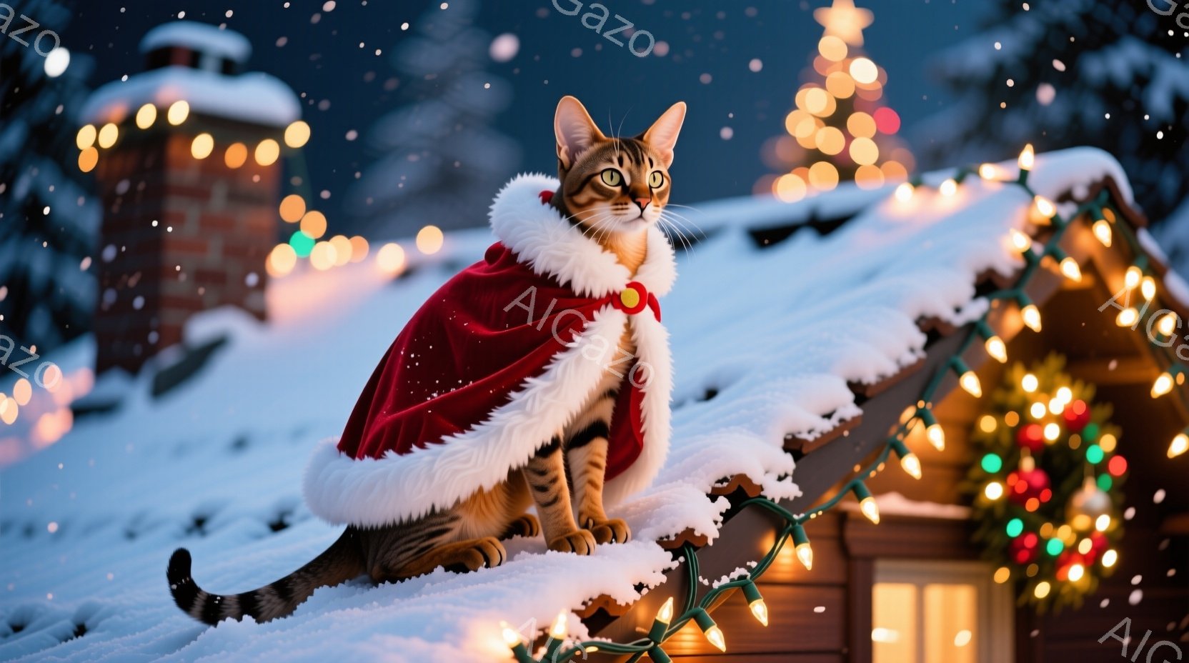 茶色の縞模様の猫が赤い毛皮のケープを身につけ、雪に覆われた屋根の上に座っています。背景には、クリスマスライトで飾られた建物があり、雪が静かに降り積もっています。全体的に、暖かく、お祝いの雰囲気で、冬のホリデーシーズンを象徴しています。