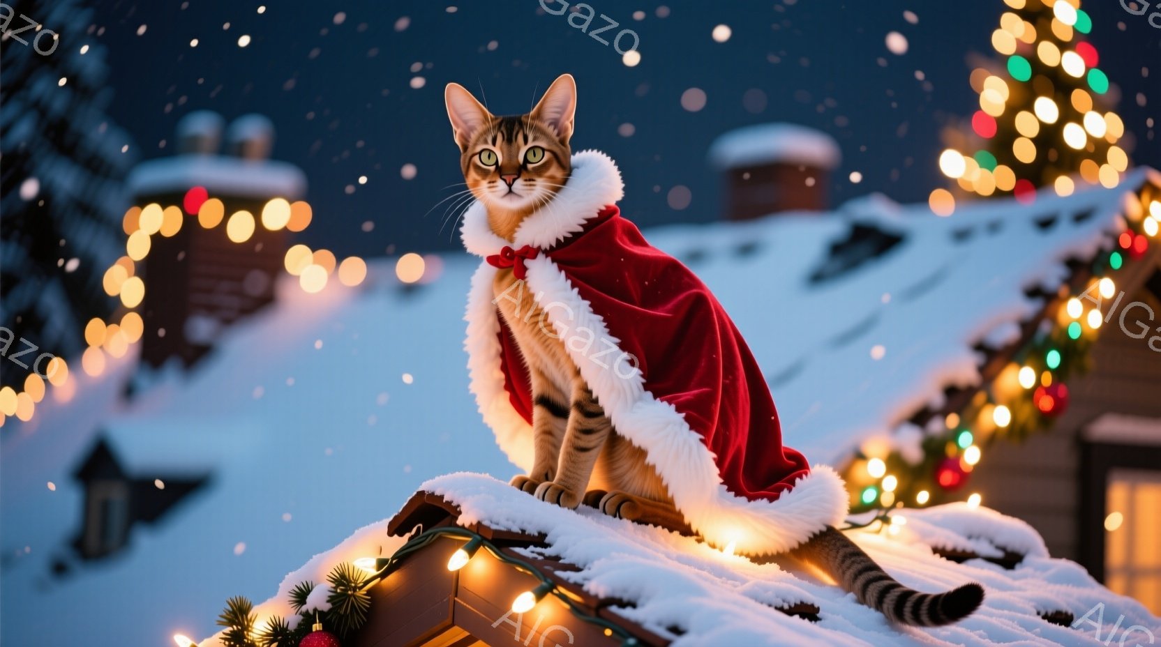 赤いギフトボックスの中に、縞模様の猫が顔を出しています。猫は好奇心旺盛な表情でカメラを見つめており、リラックスした様子で箱の中に収まっています。周囲には様々な色のクリスマスオーナメントが散りばめられて - AI生成フリー素材