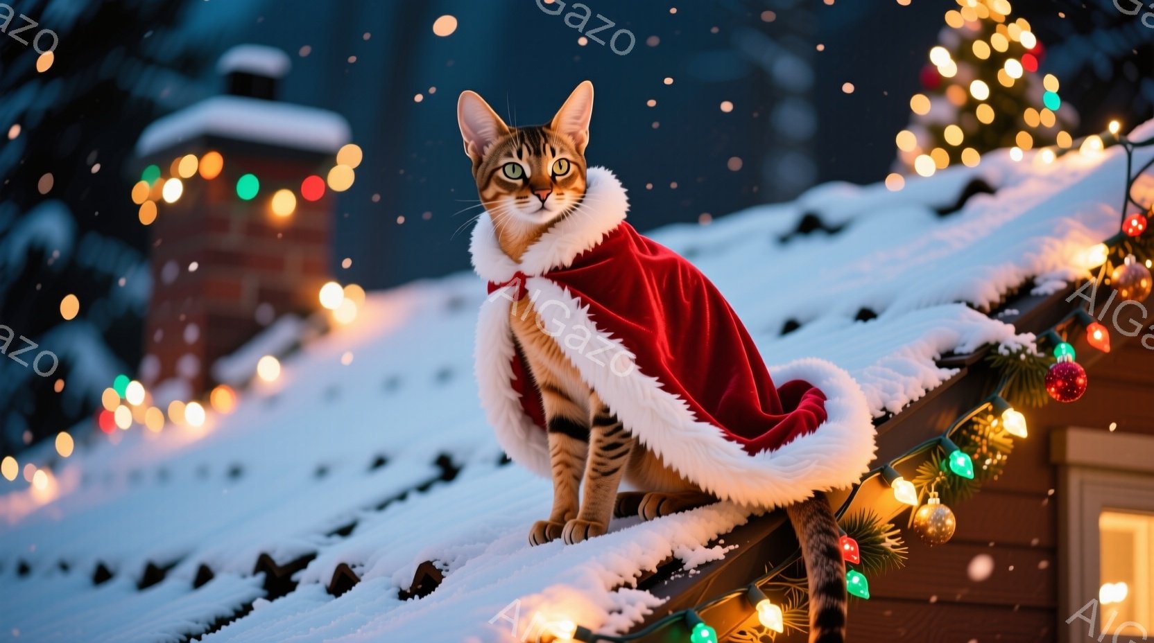 屋根の上に、サンタクロースの赤いマントを羽織った茶トラの猫が座っています。背景には雪景色と、クリスマスのイルミネーションが輝き、冬の暖かい雰囲気を醸し出しています。猫は前方をまっすぐ見つめ、凛とした表 - AI生成フリー素材