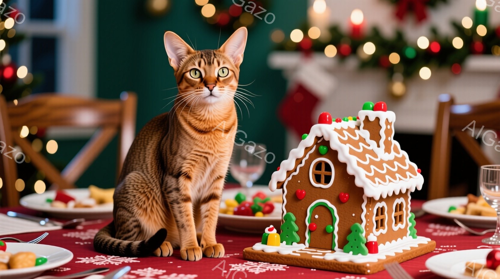 暖炉の赤いテーブルクロスの上に、虎斑模様の猫が座っています。猫は正面を見て、落ち着いた表情で、クリスマスのジンジャーブレッドハウスと、お菓子が並んだお皿の近くにいます。背景にはぼやけたクリスマスツリー - AI生成フリー素材