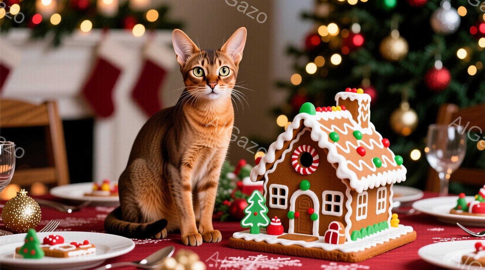 鮮やかなオレンジ色の毛並みを持つ猫が、クリスマスらしい食卓に座っています。猫はまっすぐ前を見ており、まるでテーブルの上のジンジャーブレッドハウスを守っているかのようです。背景にはクリスマスツリーの光が - AI生成フリー素材