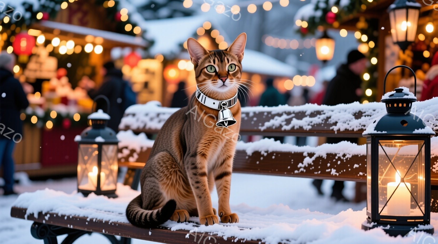 茶色の縞模様の猫が雪に覆われた木の柵の上に座り、遠くに見えるオーロラを眺めている。柵の上には古いランプが置かれており、薄暗い光を放っている。背景には雪に覆われた森が広がり、夜空には星が輝き、幻想的な冬 - AI生成フリー素材