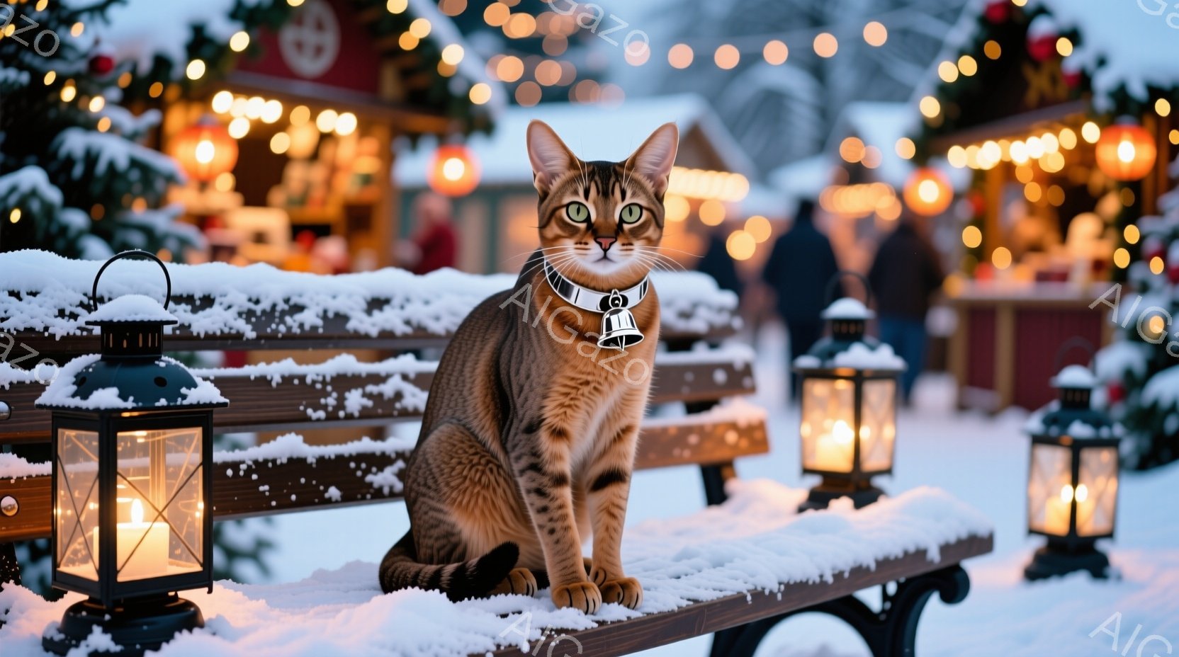 茶色のベンガル猫が雪に覆われた公園のベンチに座っています。猫は首輪をつけており、まっすぐ前を見て落ち着いた表情をしています。背景には、ライトアップされた建物や木々、そしてぼんやりと見える人影があり、冬 - AI生成フリー素材