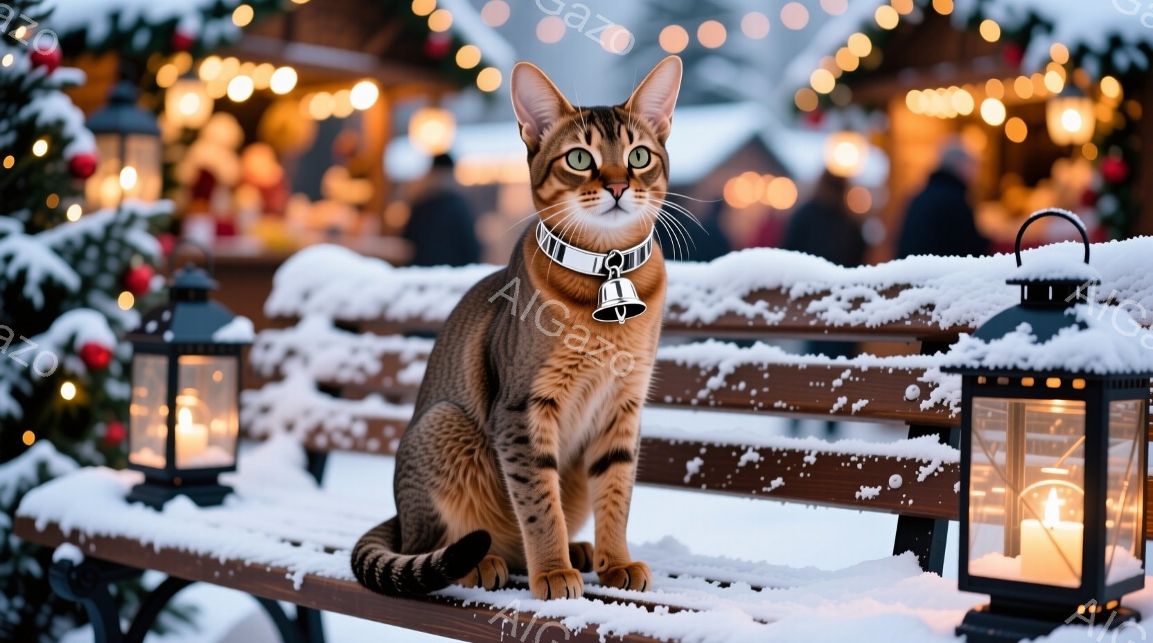雪に覆われた柵の上に、茶色い縞模様の猫が座って遠くを見つめている。背景には暗い森と、オーロラが輝く夜空が広がり、冷たく幻想的な雰囲気を醸し出している。柵の隣には点灯したランタンがあり、猫と夜景を照らし - AI生成フリー素材