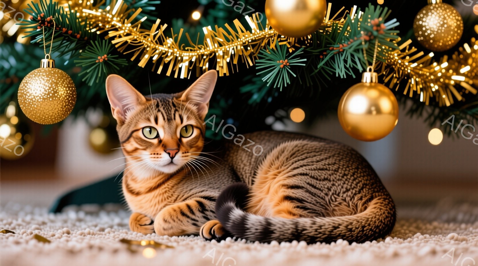 茶色のトラ柄の猫がカーペットの上に丸まって座っています。背景には、キラキラとした飾りと金色のオーナメントが飾られたクリスマスツリーの一部が見え、お祝いの雰囲気を醸し出しています。猫はリラックスした表情で、穏やかな空間に溶け込んでいます。