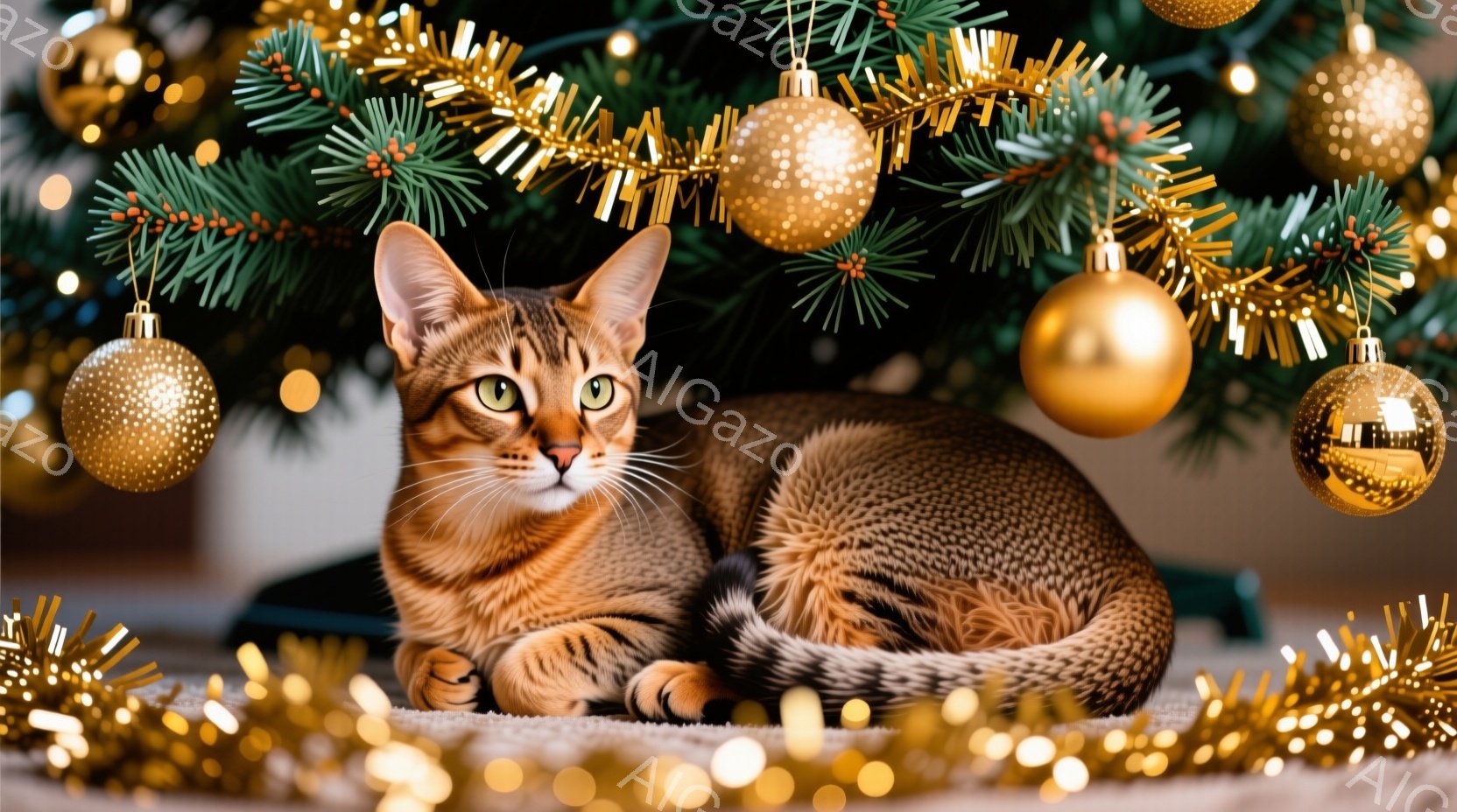 鮮やかなオレンジ色の毛並みを持つ猫が、クリスマスの飾り付けがされたツリーの下で丸まって休んでいる。その目は緑色で、落ち着いた表情をしている。背景には、金色のモールやオーナメントで飾られたクリスマスツリーがぼやけて写っており、温かく華やかな雰囲気を醸し出している。