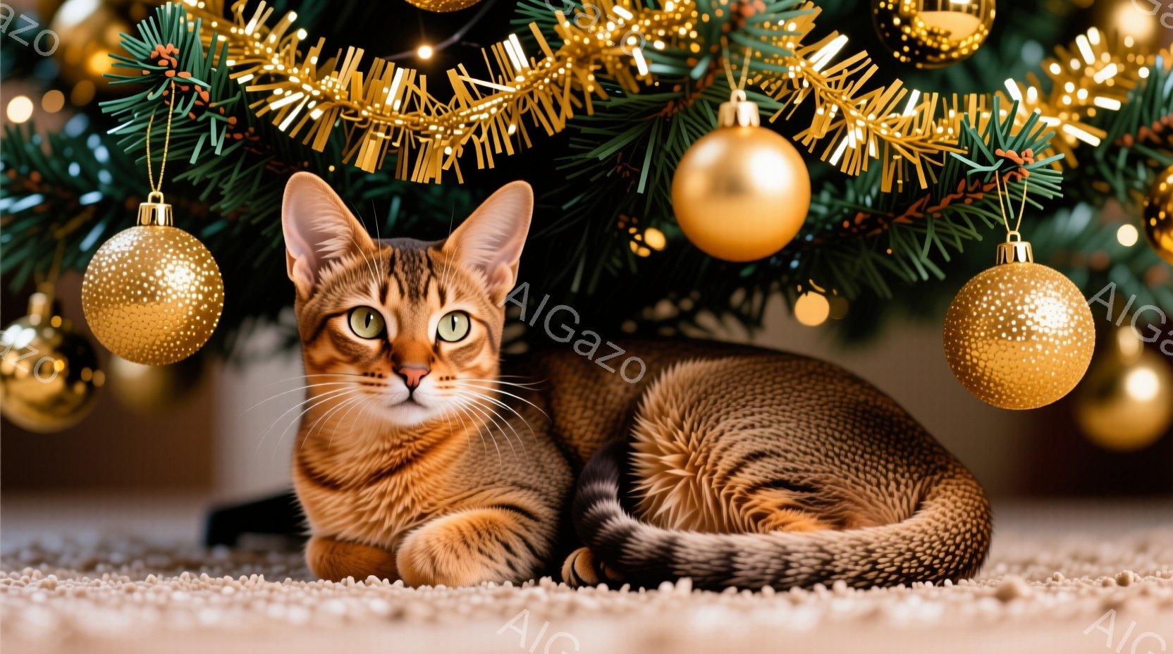 白い雪景色の中に、角を持つ猫が悠々と歩いている。背景には雪を頂いた木々が立ち並び、暖かく光るランタンが幻想的な雰囲気を醸し出している。猫の表情は穏やかで、冬の森の中を静かに散歩している様子が伺える。