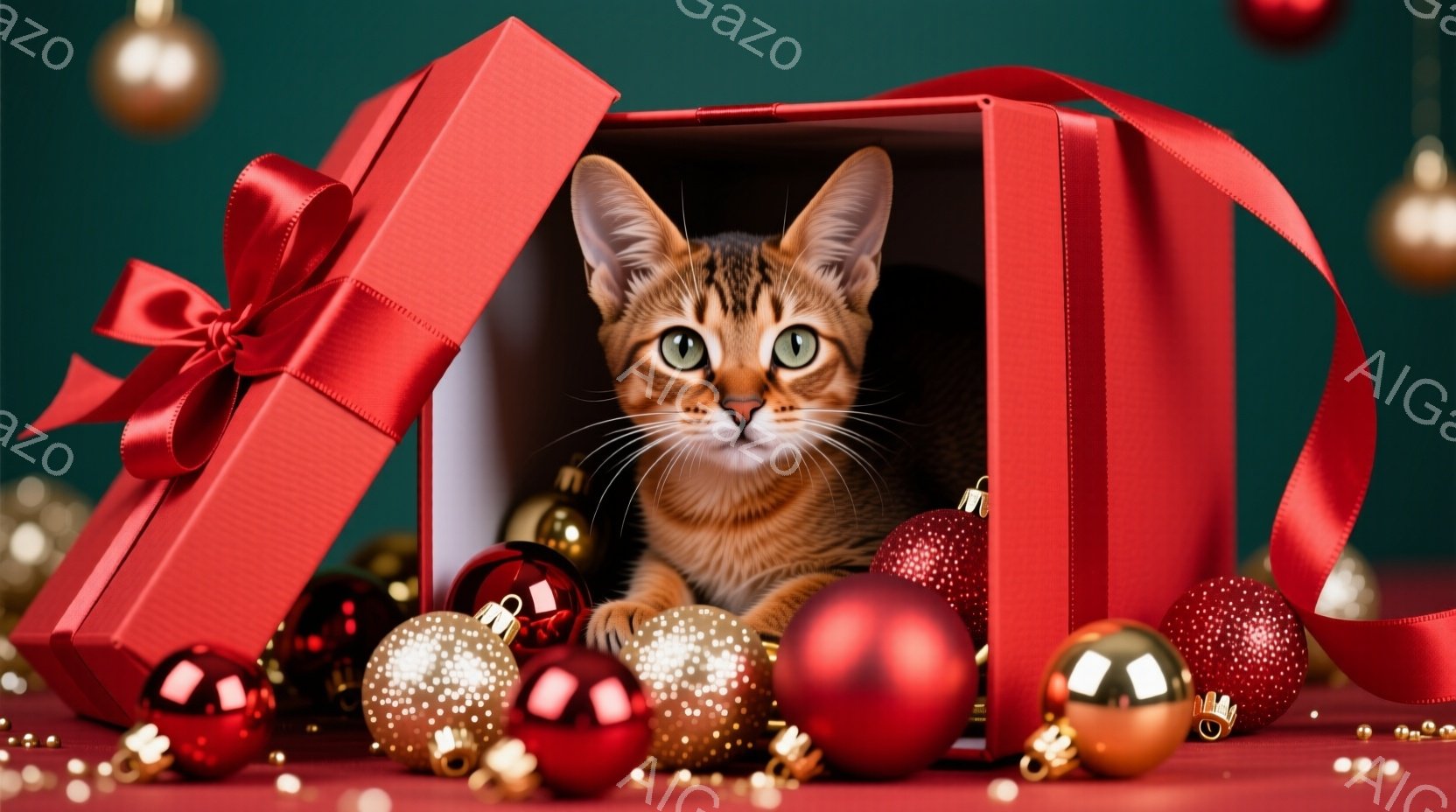 オレンジ色のトラ柄の子猫が赤いギフトボックスの中に座っており、緑色の背景に様々な色のクリスマスオーナメントが散りばめられています。子猫は好奇心旺盛な表情でカメラを見つめ、箱の縁に前足を乗せてリラックスした姿勢を見せています。全体的に暖かく、お祝いの雰囲気で、クリスマスの季節を象徴する可愛らしい光景です。