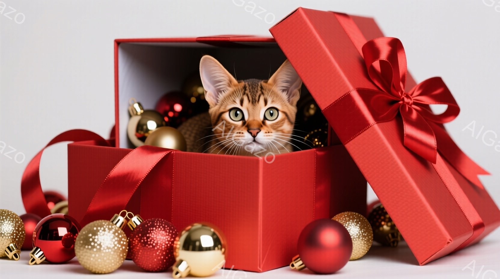 赤いギフトボックスの中から、縞模様の猫が顔を出しています。猫は好奇心と少しの戸惑いが入り混じった表情で、まっすぐカメラを見ています。周りには様々な色のクリスマスオーナメントが散らばっており、華やかで遊 - AI生成フリー素材
