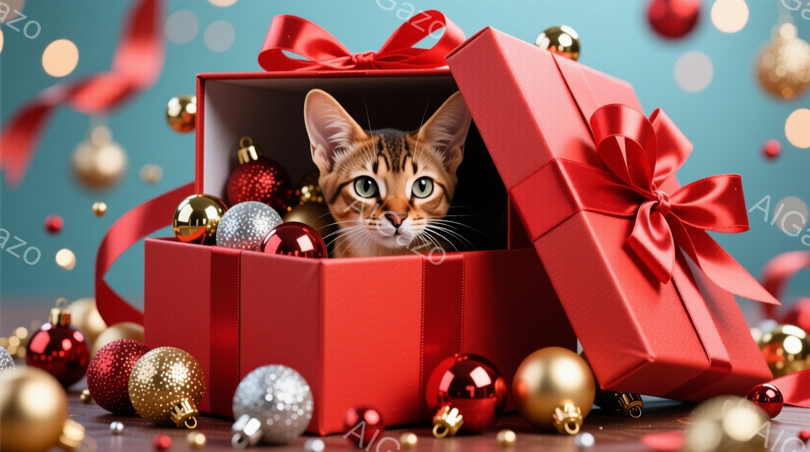 赤いギフトボックスの中に、茶色の縞模様の猫が顔を出しています。猫は好奇心と少しの戸惑いを見せる表情で、前足を箱の縁にかけ、周囲のクリスマスオーナメントを興味深そうに見つめています。背景には、さまざまな - AI生成フリー素材