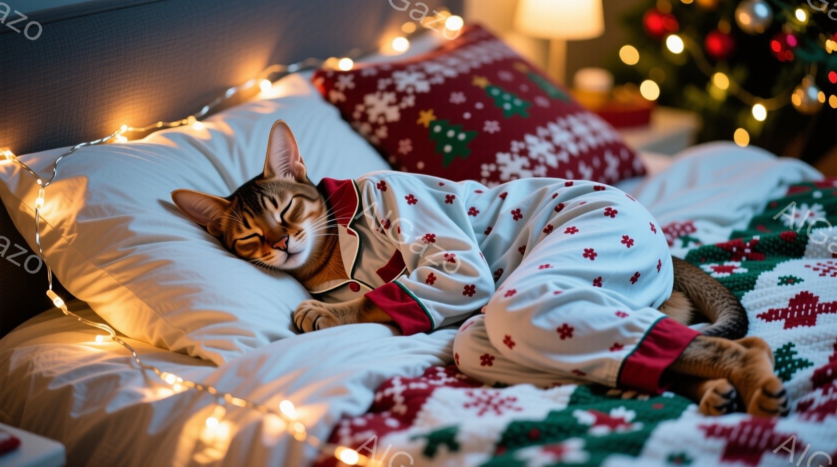 茶色と黒の縞模様の猫が、白い地に赤い花柄のパジャマを着て仰向けに寝ています。猫は目を閉じ、リラックスした表情で、柔らかい枕の上で四肢を伸ばしてくつろいでいます。背景にはクリスマスの飾り付けがぼんやりと - AI生成フリー素材