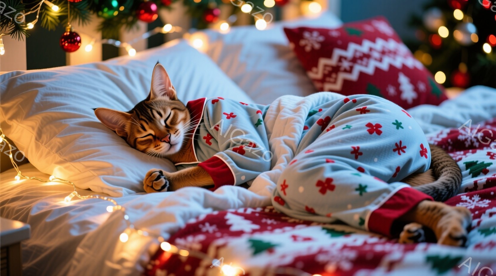 縞模様の猫が、クリスマス柄のパジャマを着てベッドの上で丸まって眠っています。背景には赤いオーナメントや点滅するライトがあり、クリスマスの温かく心地よい雰囲気が漂っています。猫はリラックスした表情で、ま - AI生成フリー素材