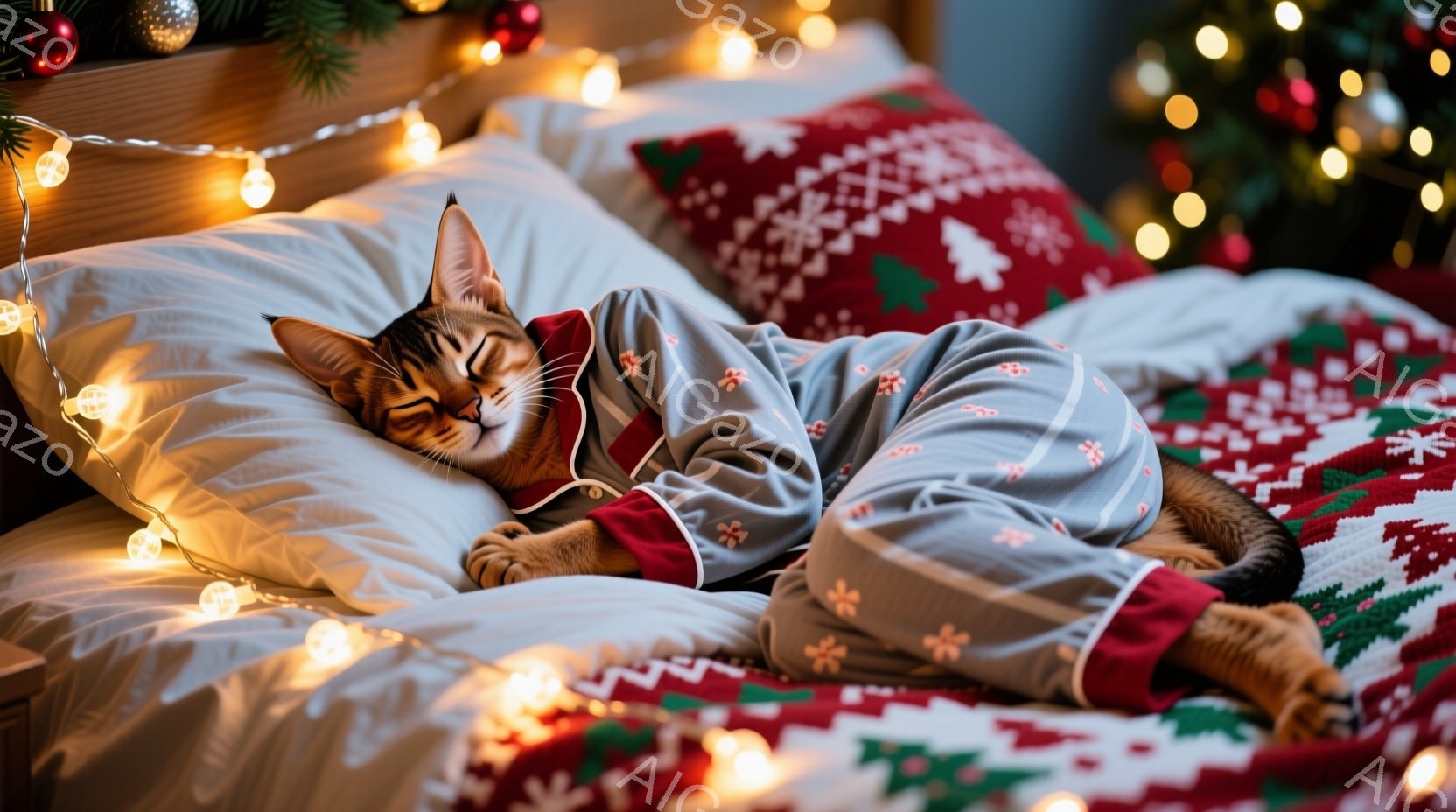 猫がふわふわのベッドの上で青灰色のパジャマを着て横たわっており、完全にリラックスした表情をしています。背景には赤い模様のクッションと、暖かく輝くイルミネーションが散りばめられており、心地よい雰囲気を作 - AI生成フリー素材