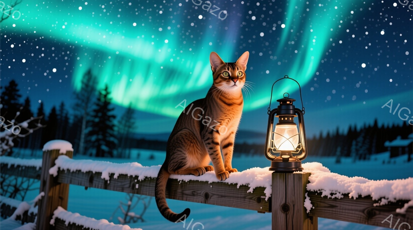茶色の縞模様の猫が雪に覆われた木の柵の上に座っており、背筋を伸ばして遠くを見つめている。背景には暗い森と、緑色のオーロラが夜空に広がり、雪景色の中に暖かく光るランタンが置かれている。全体的に、静かで幻 - AI生成フリー素材
