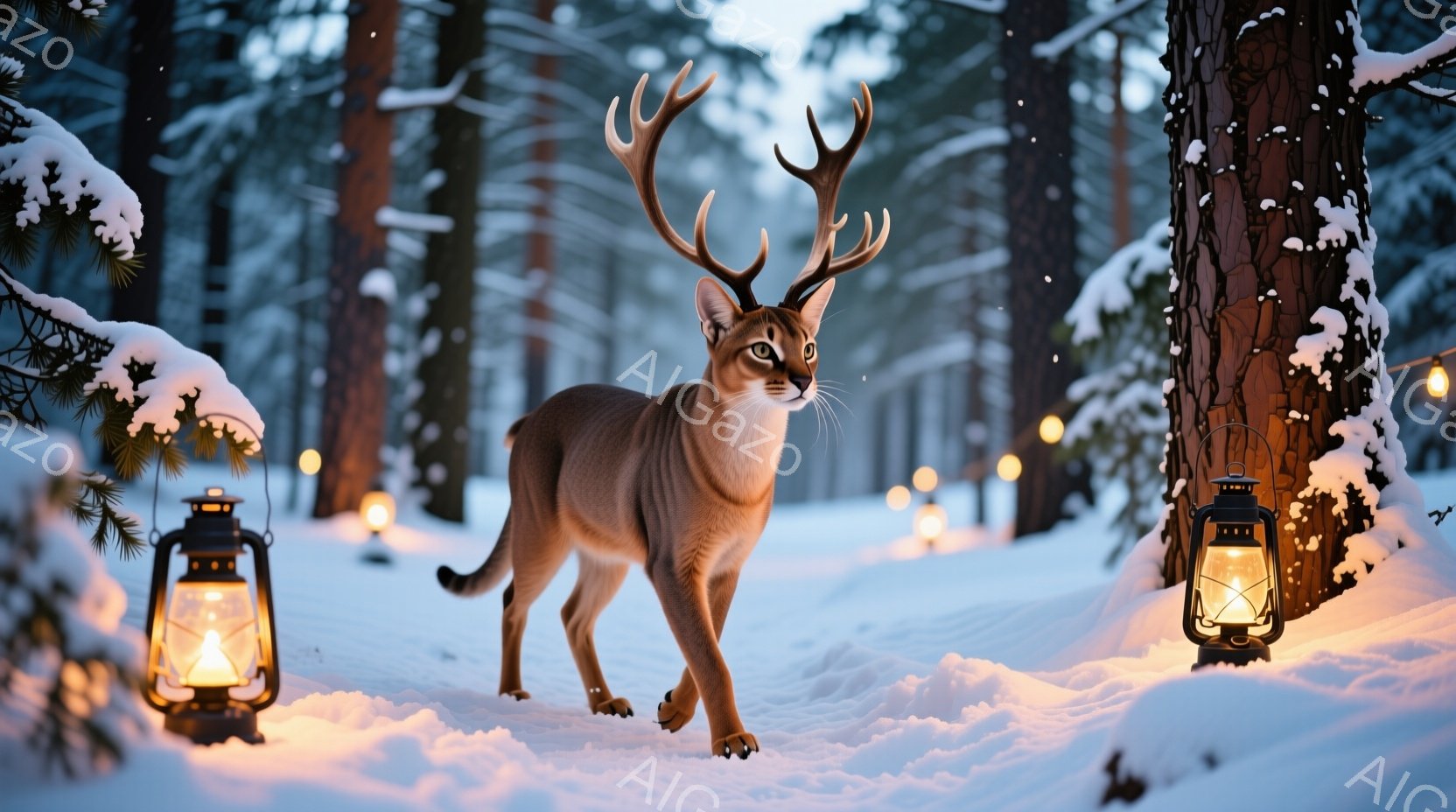 雪に覆われた森の中を、角を持つ猫が歩いている。暖かく光るランタンが周囲を照らし、幻想的な雰囲気を醸し出している。雪の積もった木々が背景に広がり、冬の静寂と神秘的な世界観が感じられる。 - AI生成フリー素材