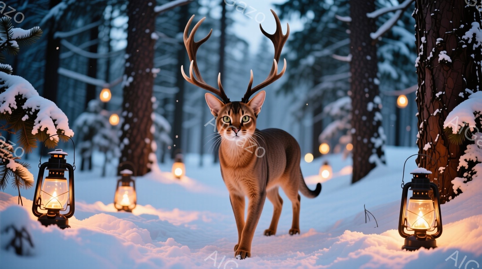 雪に覆われた森の中を、角を持つ猫が正面を向いて歩いている。周囲にはオイルランプが置かれ、幻想的な光が雪景色を照らし出している。猫の表情は穏やかで、神秘的な雰囲気が漂う冬の風景だ。