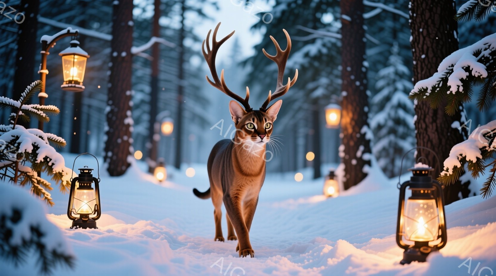 濃い茶色の猫が、雪に覆われた森の中をまっすぐこちらに向かって歩いてくる姿が描かれている。頭には角が生えており、まるで神話の生き物のような幻想的な印象を与える。背景には雪で覆われた木々と、温かい光を放つ - AI生成フリー素材
