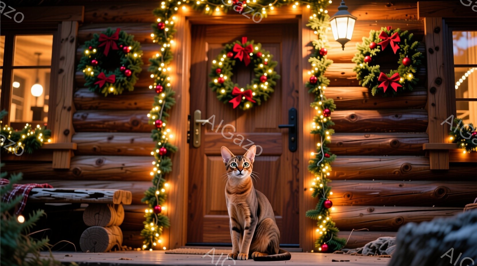 オレンジ色の毛並みの猫が、雪が降るクリスマスのオーナメントのグラスボールを見つめています。周りには灯されたキャンドルと、クリスマスツリーの葉や松ぼっくりが配置され、白い雪のようなものが敷き詰められてい - AI生成フリー素材