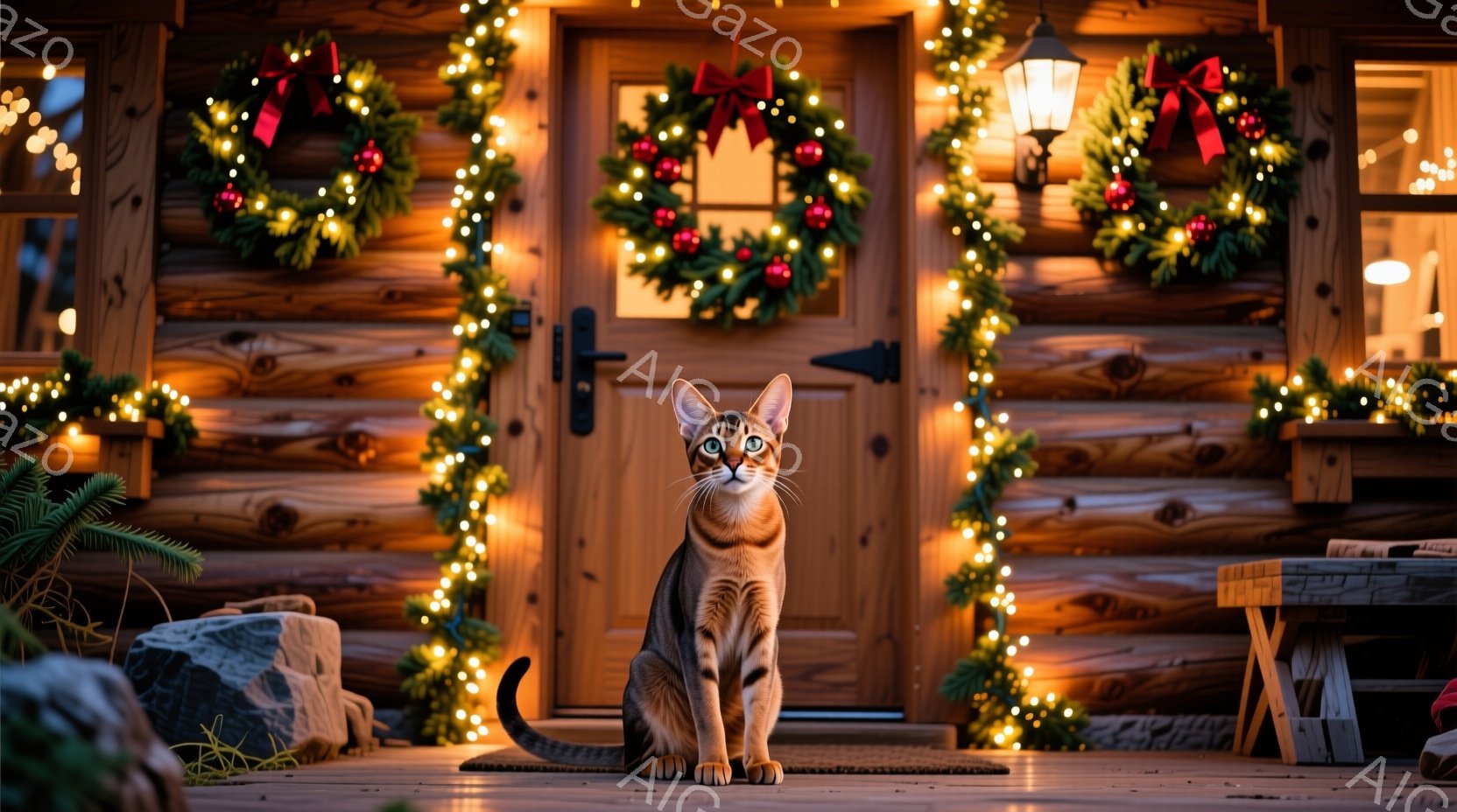 暖炉のような木造の家が、クリスマスライトと飾り付けられたリースで華やかに飾られています。茶色の縞模様の猫が正面のウッドデッキに座り、正面を見つめており、リラックスした様子です。背景には暖色の光が灯り、クリスマスの温かく穏やかな雰囲気を醸し出しています。