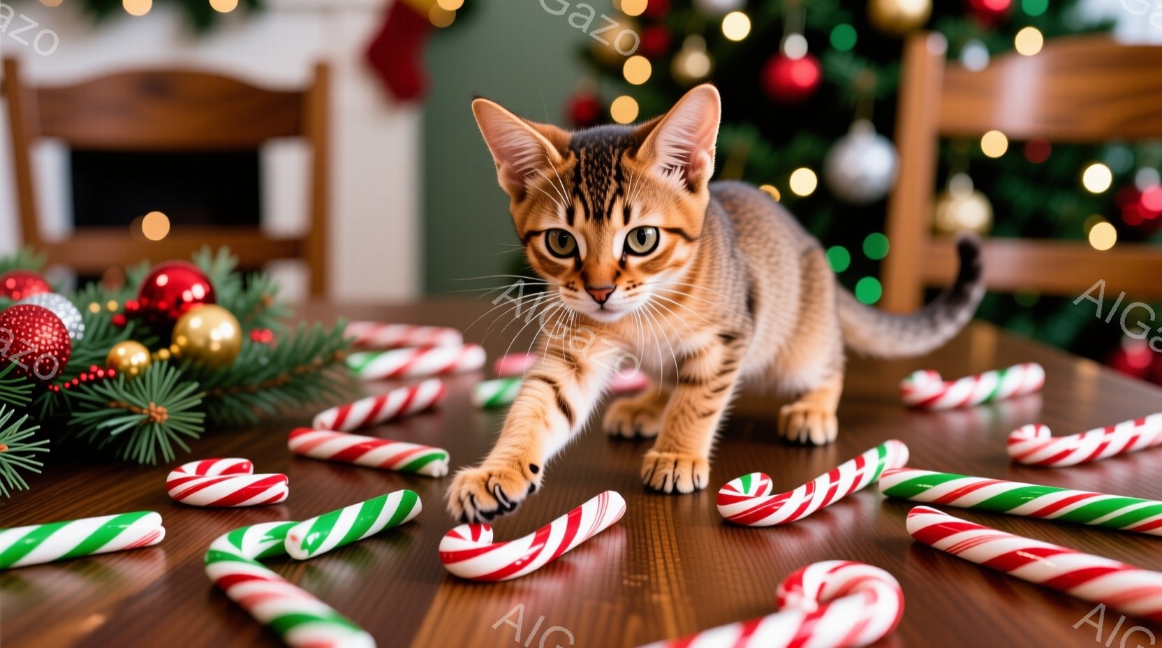 暖炉のそばの木製のテーブルの上に、縞模様の茶色の小さな子猫がキャンディケーンに手を伸ばしています。子猫は前足を伸ばし、遊び心のある表情で興味津々にキャンディケーンを見つめており、背景には緑のクリスマス - AI生成フリー素材