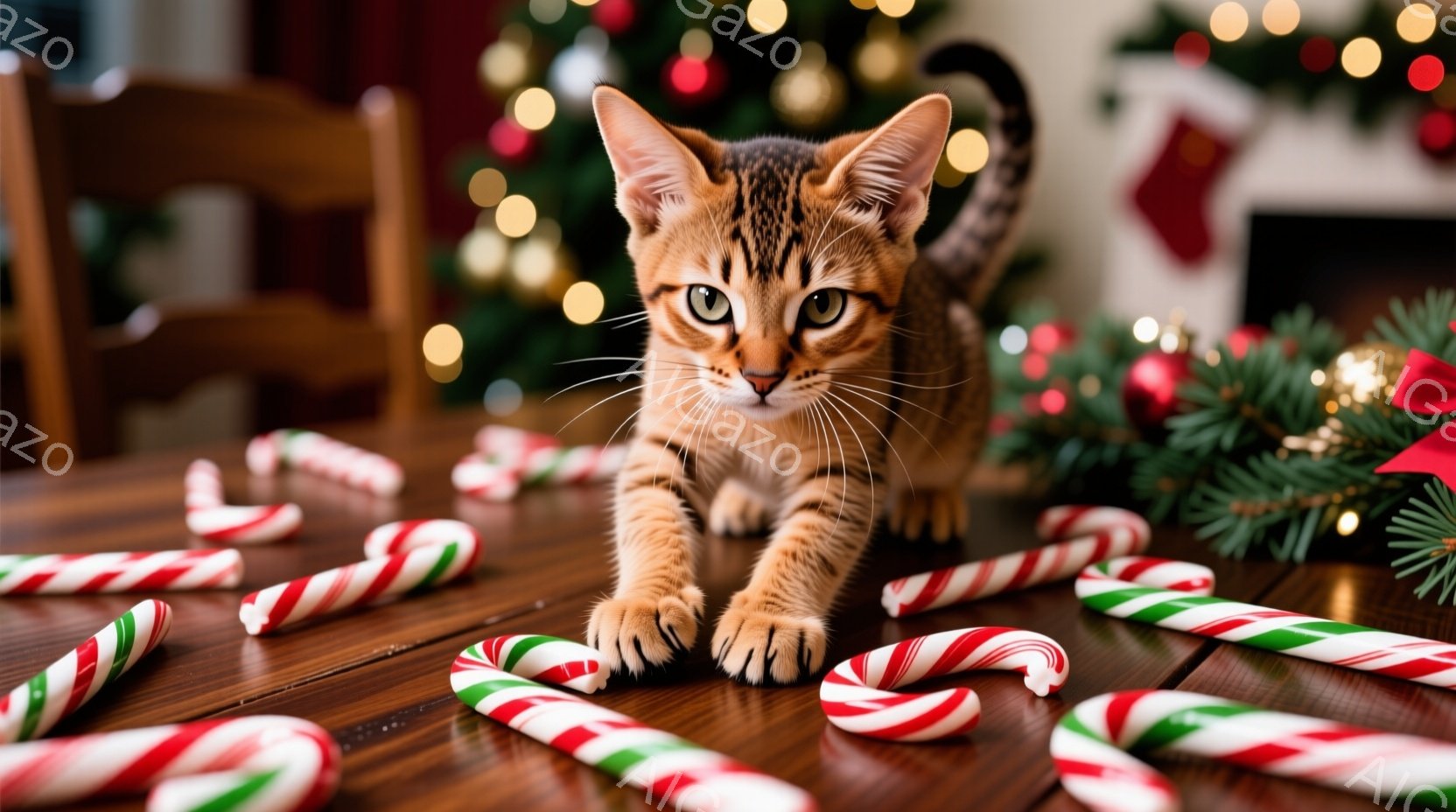茶色と黒の縞模様の猫が、木製のテーブルの上に散らばったキャンディケーンの中を歩いています。背景には緑のクリスマスツリーと暖炉が見え、クリスマスの飾り付けが施されています。全体的に温かく、お祝いムードの - AI生成フリー素材